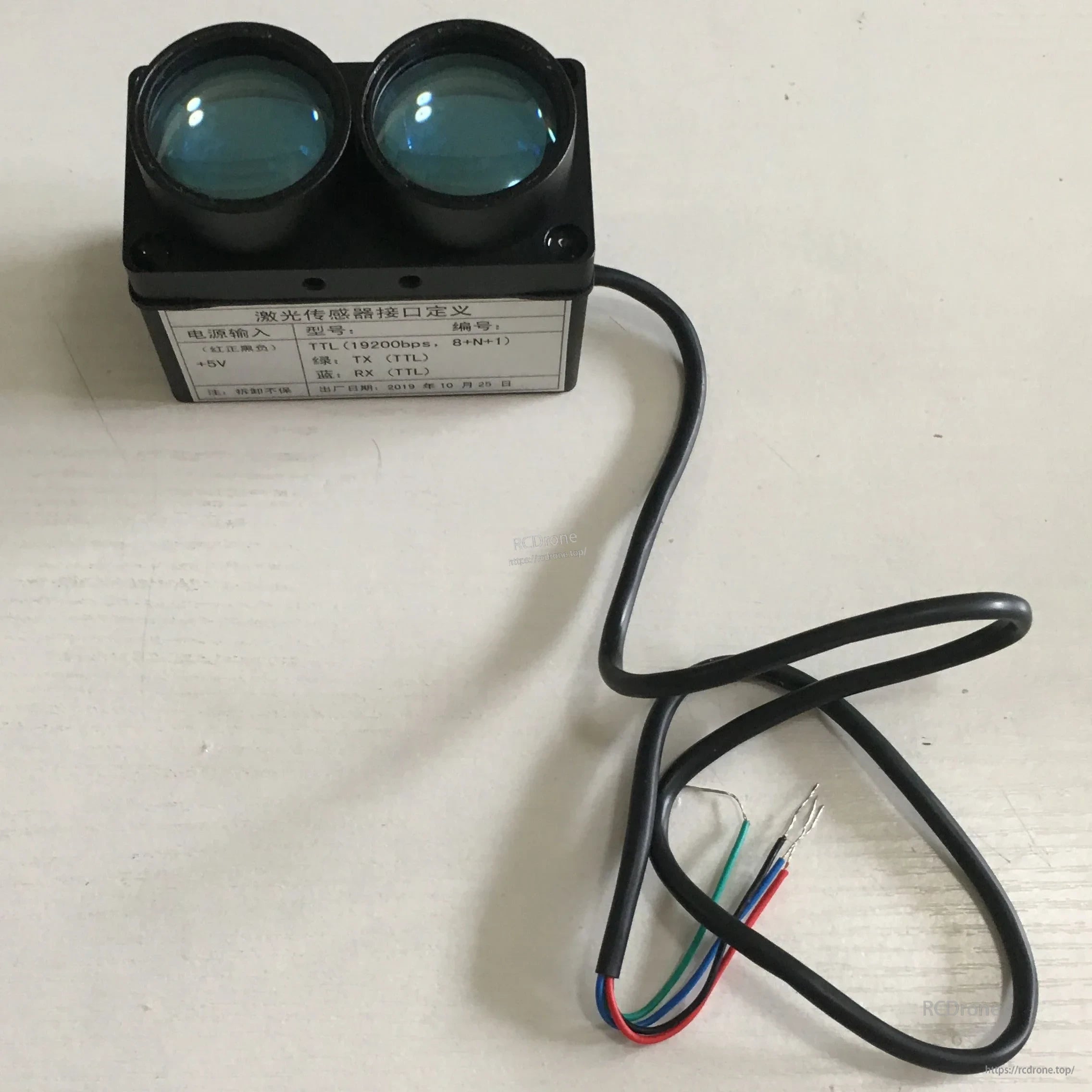 200Hz 200m Laser Distance Sensor, Laser sensor with 200Hz, 200m range, TTL interface, 19200bps, 8+N+1, +5V power; green TX, blue RX; manufactured Oct 25, 2019.