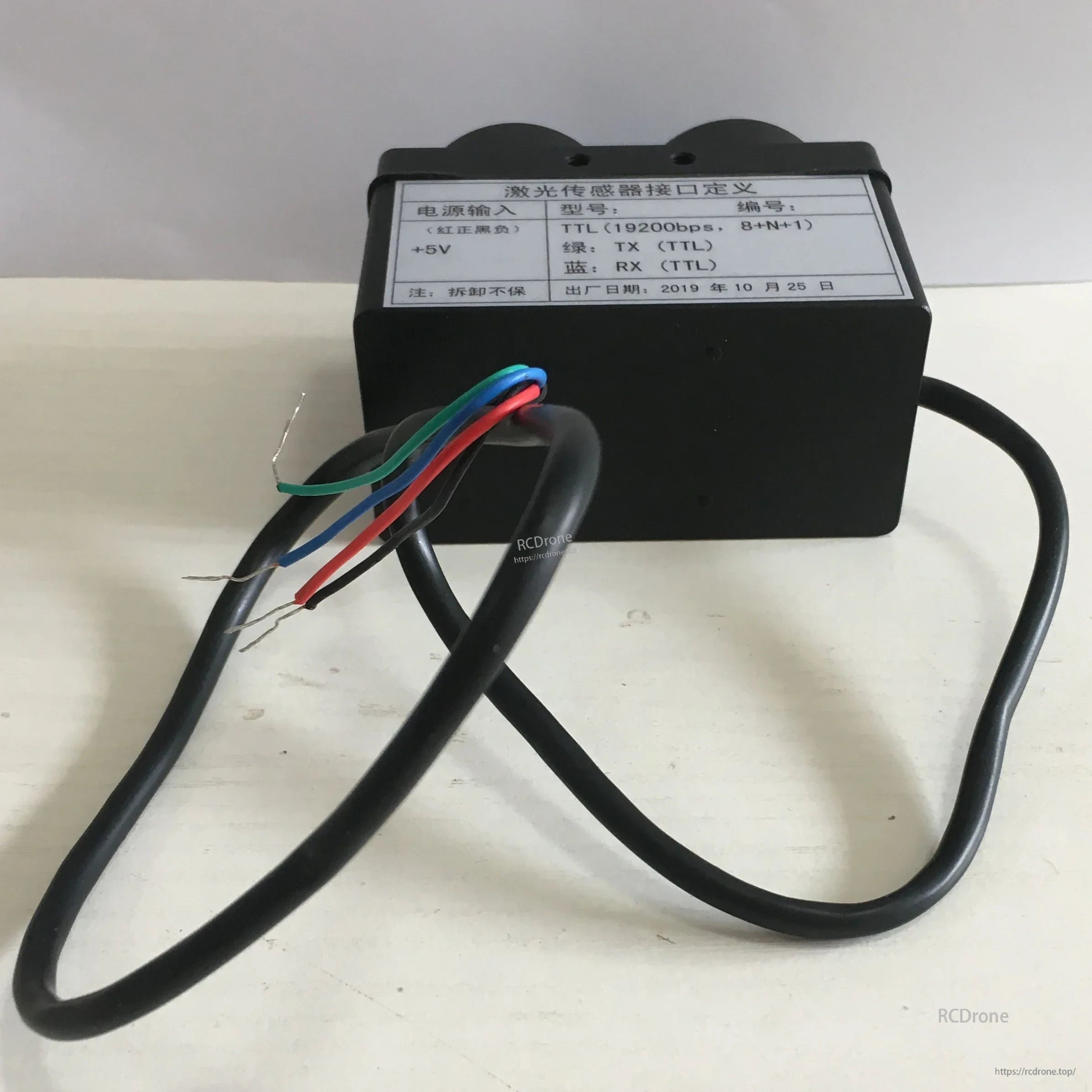 200Hz 200m Laser Distance Sensor, Laser sensor with 5V input, TTL interface (19200bps, 8+N+1), green TX/blue RX wires. Made October 25, 2019.
