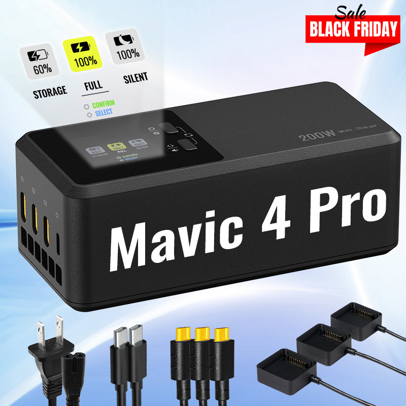 Mavic 4 Pro 200W charger features three battery ports, USB-C, LCD, silent mode, and indicators; Black Friday sale highlighted.