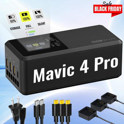 Mavic 4 Pro 200W charger features three battery ports, USB-C, LCD, silent mode, and indicators; Black Friday sale highlighted.