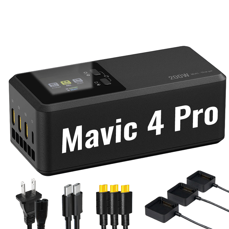 LKTOP 200W Battery Charging Hub for DJI Mavic 4 Pro, 3 Battery Ports + USB-C, 3 Modes, LCD Smart Charger