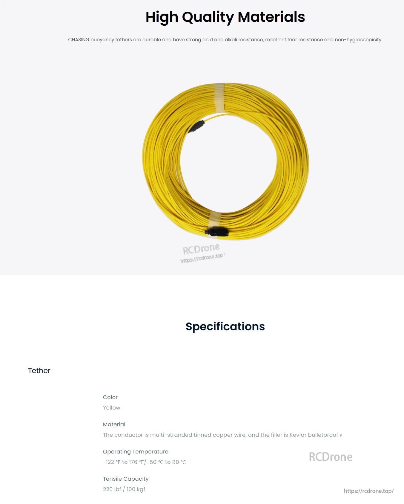 Tether for Chasing ROVs, Durable, acid- and alkali-resistant yellow tether with tinned copper wire, Kevlar filler, -50°C to 80°C range, 100 kgf tensile strength for reliable underwater use.
