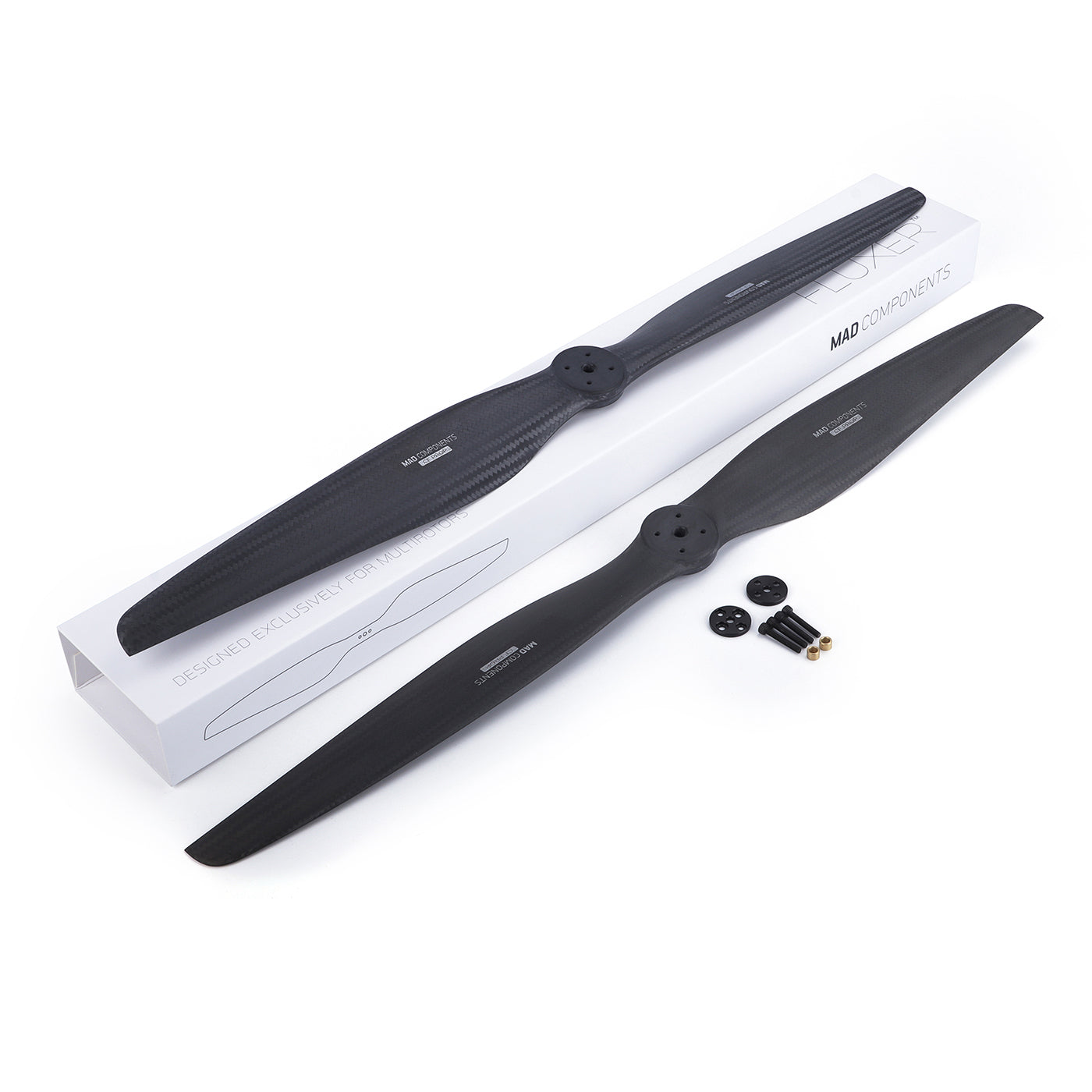 MAD FLUXER VTOL Propeller, MAD FLUXER VTOL carbon fiber propellers with mounting hardware and adapter plates on product box