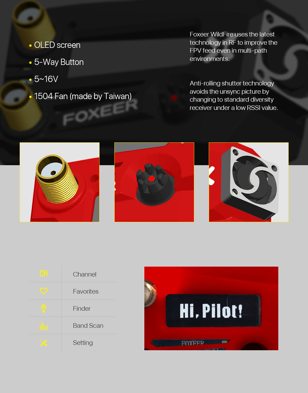 Foxeer Wildfire 5.8GHz 72CH Dual Receiver - Support OSD Firmware Update for Fatshark FPV Goggles 4 Foxeer Wildfire 5.8GHz 72CH Dual Receiver, Foxeer WildFire uses the latest OLED screen technology in RF to improve the