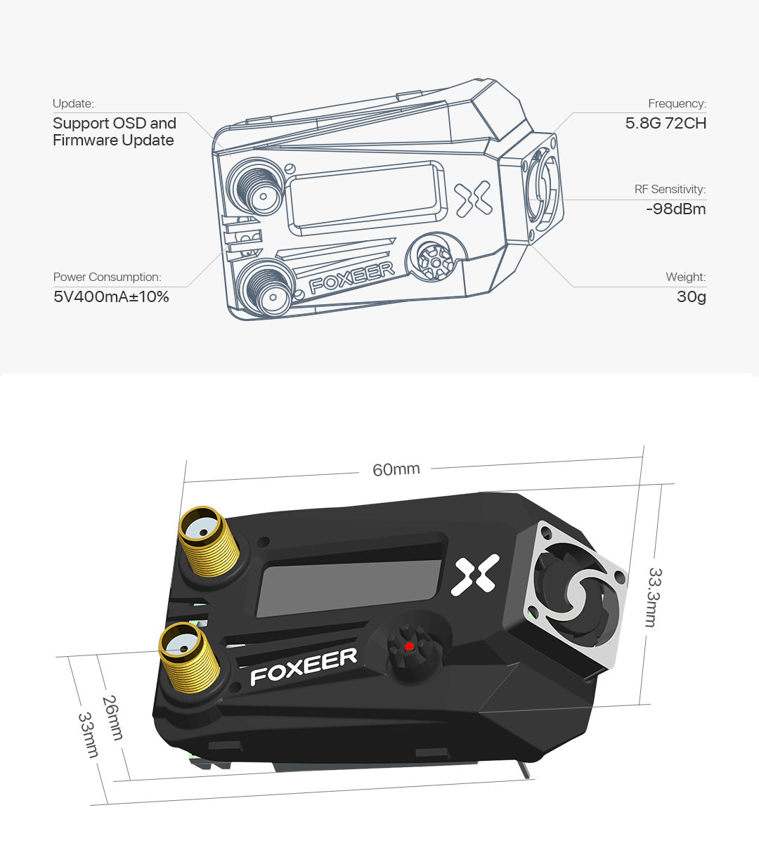 Foxeer Wildfire 5.8GHz 72CH Dual Receiver - Support OSD Firmware Update for Fatshark FPV Goggles 5 Foxeer Wildfire 5.8GHz 72CH Dual Receiver, Support OSD and 5.86 72CH Firmware Update RF Sensitivity: