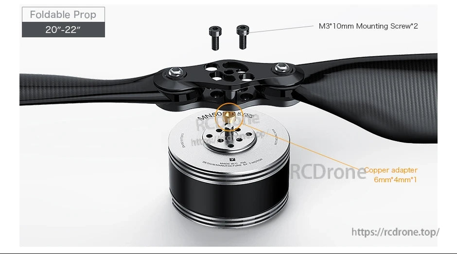 20–22 inch foldable propeller mounted on T-Motor with M3x10mm screws and 6mm-to-4mm copper adapter