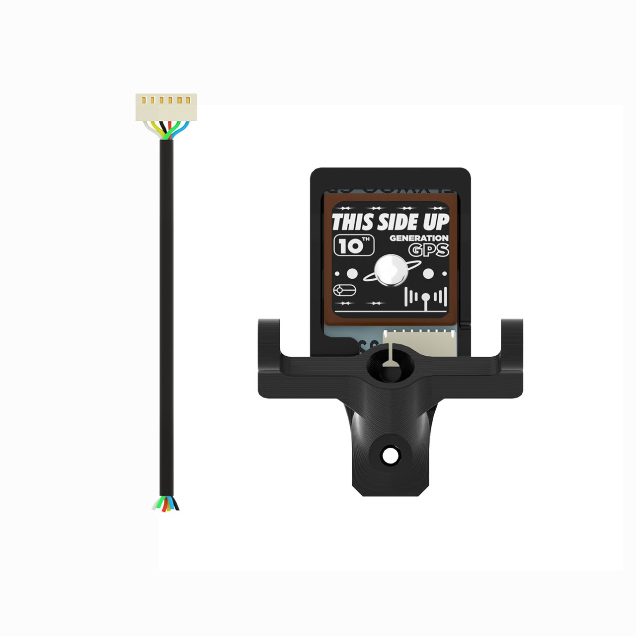 Flywoo FlyLens 75/85 GM10 Nano GPS, Flywoo GM10 nano GPS module with 10th generation label, mounting bracket, and 5-wire JST cable
