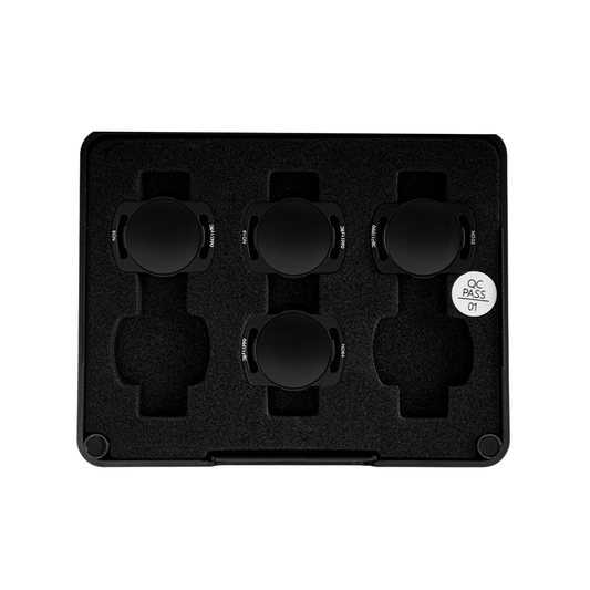 DJI O3 Air Unit ND Filter set in foam case, four round filters arranged in protective tray