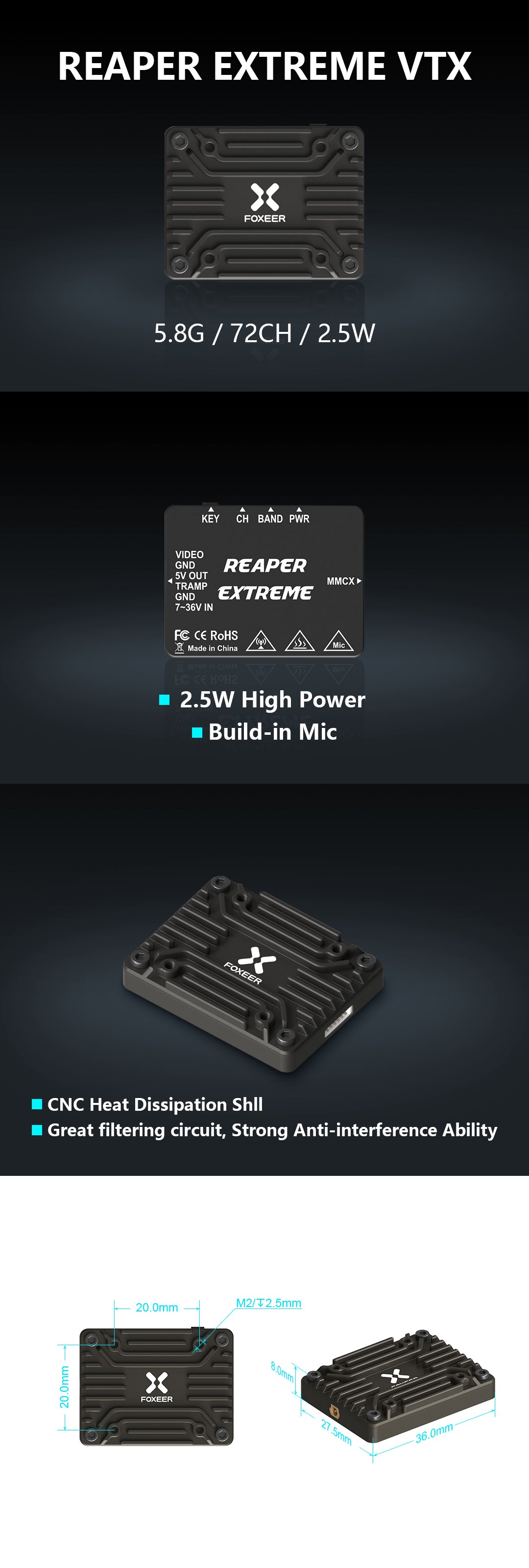 Foxeer 5.8G Reaper Extreme V2 2.5W 72CH VTX, REAPER EXTREME VTX FOXEER 5.86 /72