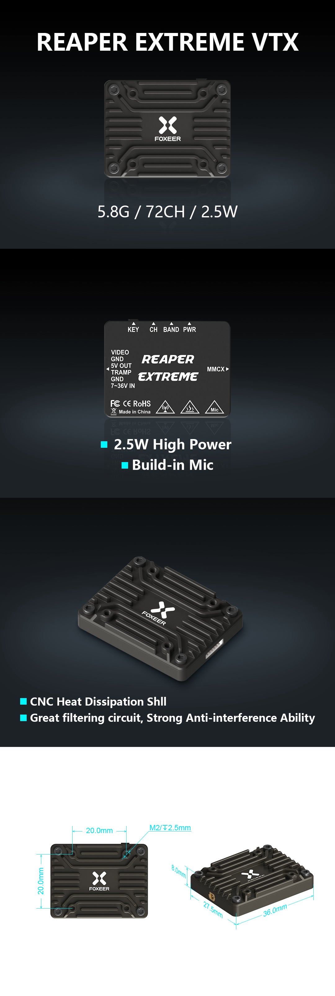 Foxeer 5.8G Reaper Extreme V2 2.5W 72CH VTX - 5.8GHZ 25mW/200mW/500mW/1.5W/2.5W Build-in Mic Long Range FPV Video Transmitter 4 Foxeer 5.8G Reaper Extreme V2 2.5W 72CH VTX, REAPER EXTREME VTX FOXEER 5.86 /72