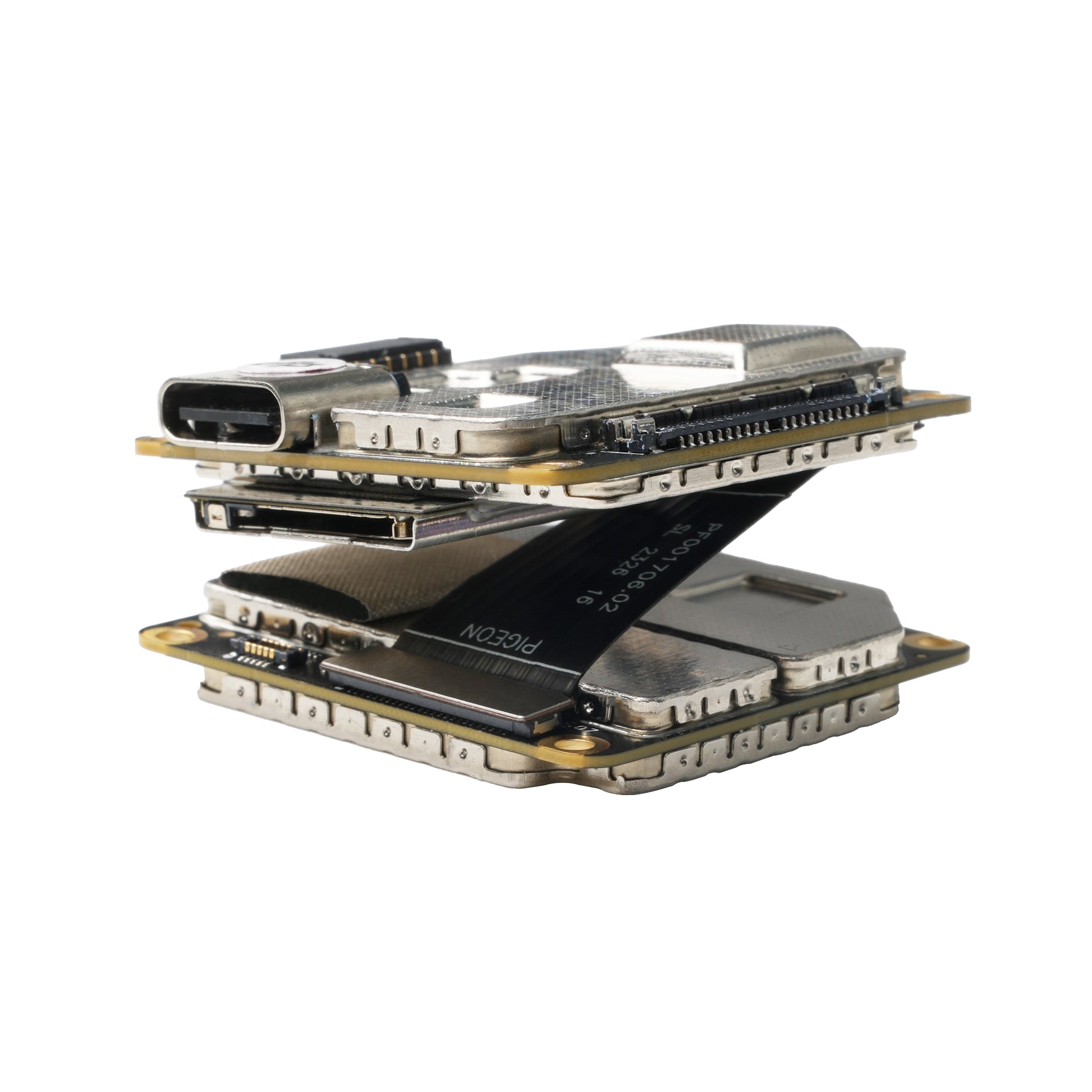 Flywoo O3 Unit Connect Cable, Close-up of a DJI O3 air unit stack with USB-C port and flat ribbon connect cable between boards