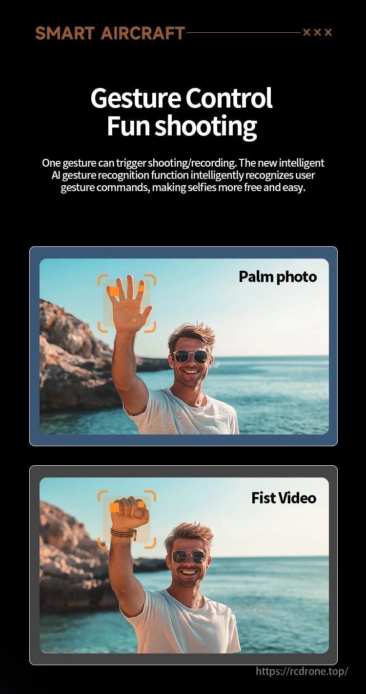 2024 New M5 Drone, Smart aircraft provides gesture-controlled selfie modes, utilizing AI to recognize palm and fist commands for easy photo and video capture.