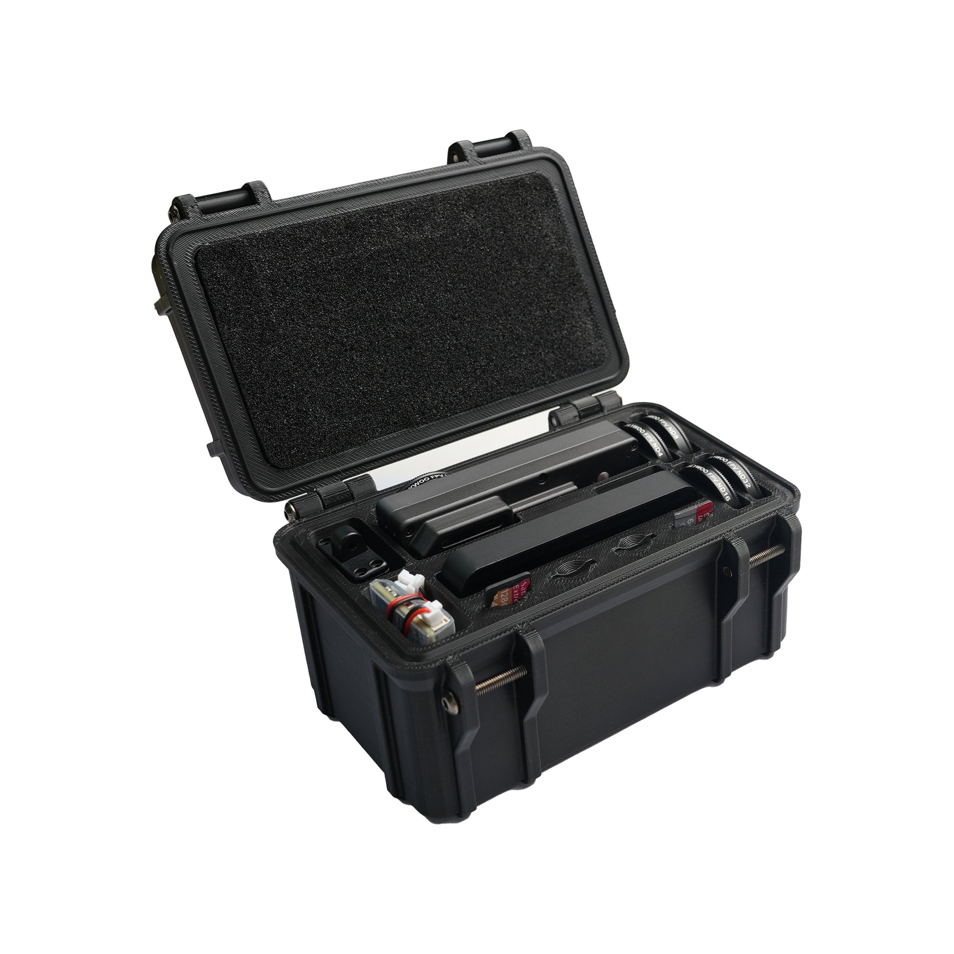 Open black storage box with foam-lined lid holding Flywoo Naked GoPro Action Camera 2.0/2.1 parts and cables