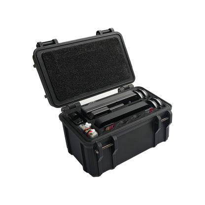 Open black storage box with foam-lined lid holding Flywoo Naked GoPro Action Camera 2.0/2.1 parts and cables