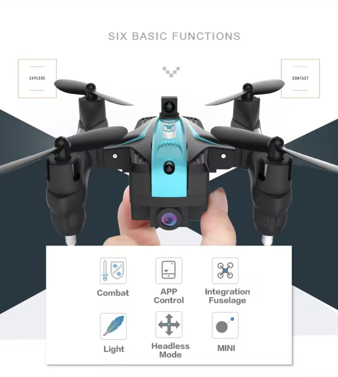 Camoro Rc Drone, SIX BASIC FUNCTIONS EXPLoRE contacT Combat APP