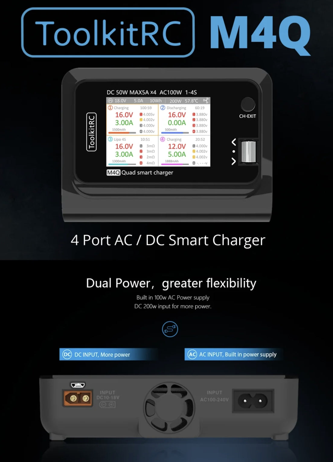 ToolkitRC M4Q Drone Charger - 4x50w 5A 1-4S AC 100W 4 Ports XT60 XT30 DC Smart Charger 32 Bit ARM IPS Bright Clear Wide Angle Display for RC FPV Drone 7 ToolkitRC M4Q Drone Charger, sdonan s0omah 1 Dooy 8804 Lip