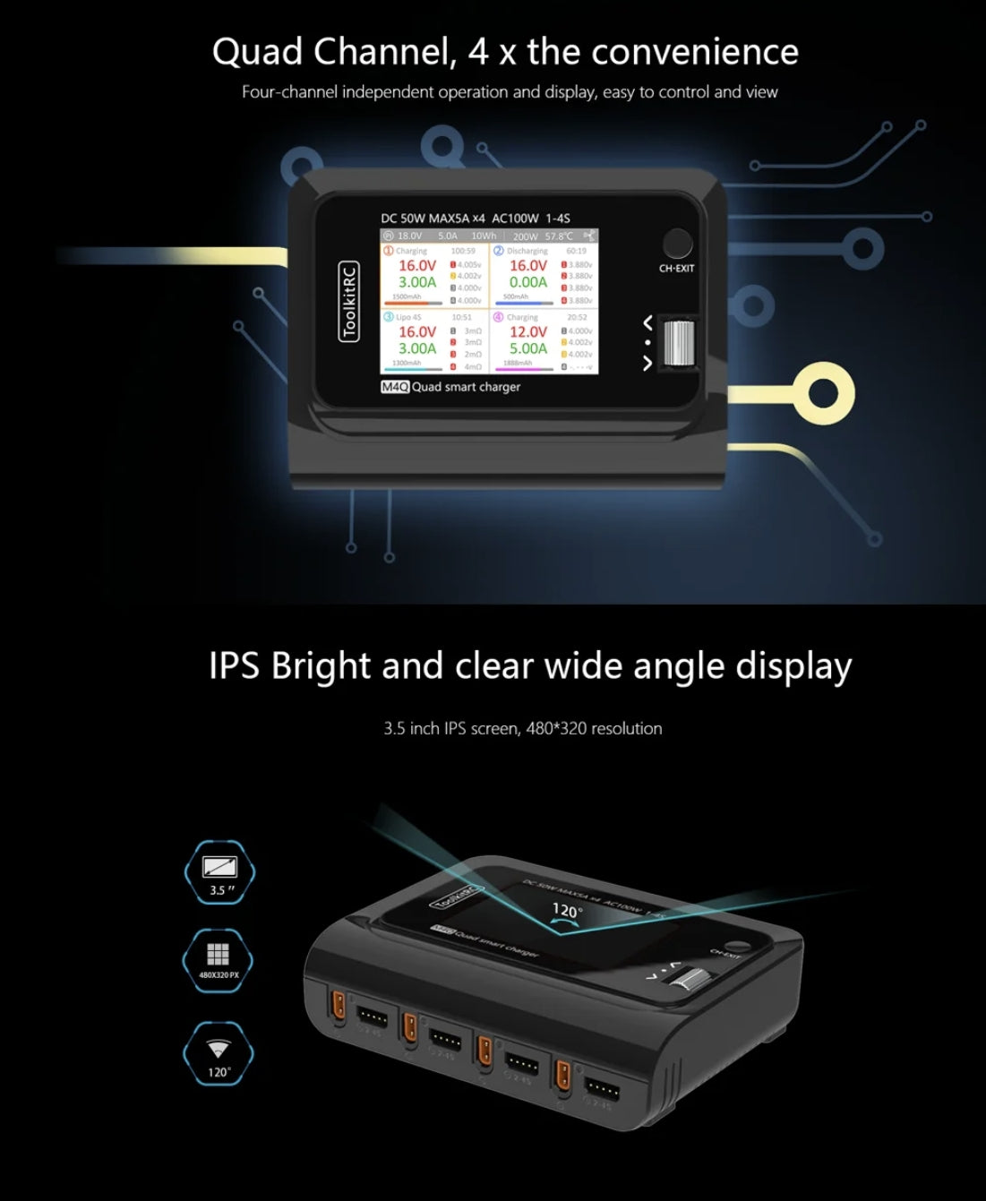 ToolkitRC M4Q Drone Charger, ARM IPS Bright Clear Wide Angle Display