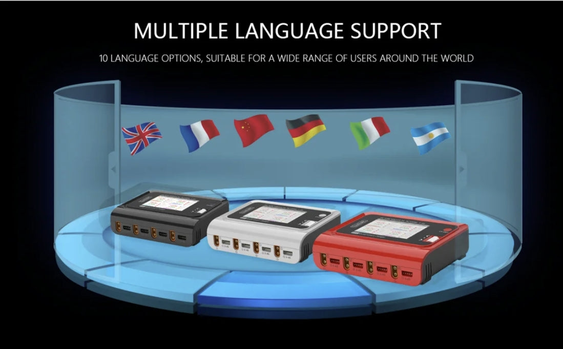 ToolkitRC M4Q Drone Charger - 4x50w 5A 1-4S AC 100W 4 Ports XT60 XT30 DC Smart Charger 32 Bit ARM IPS Bright Clear Wide Angle Display for RC FPV Drone 9 ToolkitRC M4Q Drone Charger, MULTIPLE LANGUAGE SUPPORT A WIDE RANGE OF USERS