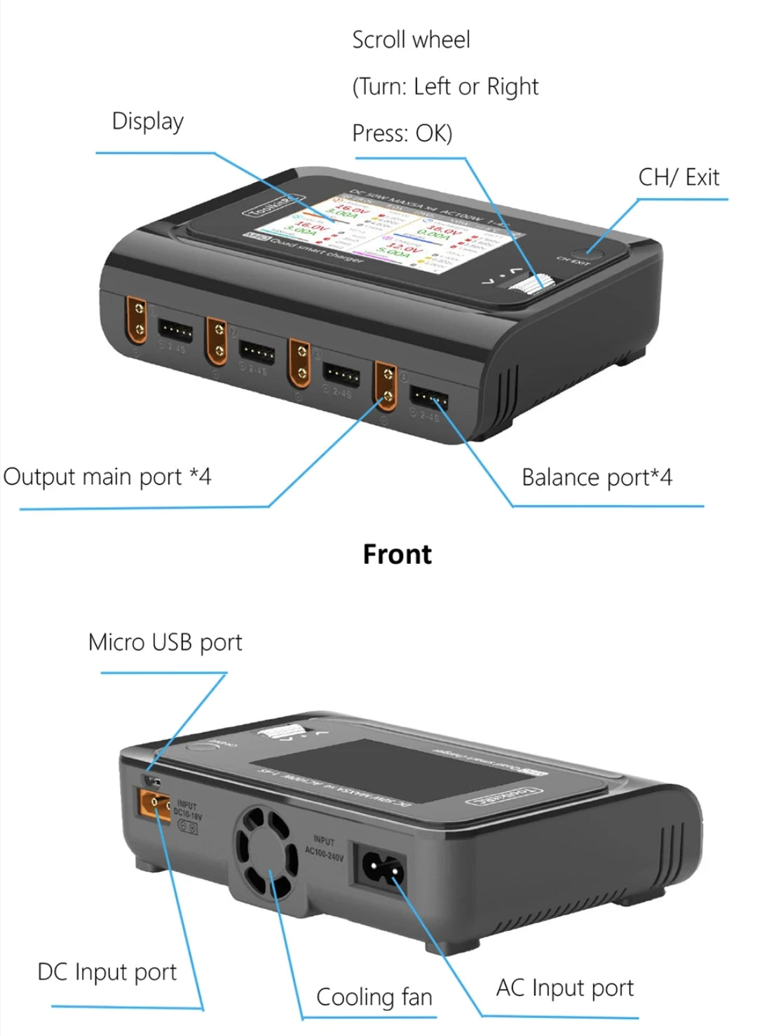 ToolkitRC M4Q Drone Charger - 4x50w 5A 1-4S AC 100W 4 Ports XT60 XT30 DC Smart Charger 32 Bit ARM IPS Bright Clear Wide Angle Display for RC FPV Drone 11 ToolkitRC M4Q Drone Charger, port*4 port port Ecie- Imput aciog-2*0v
