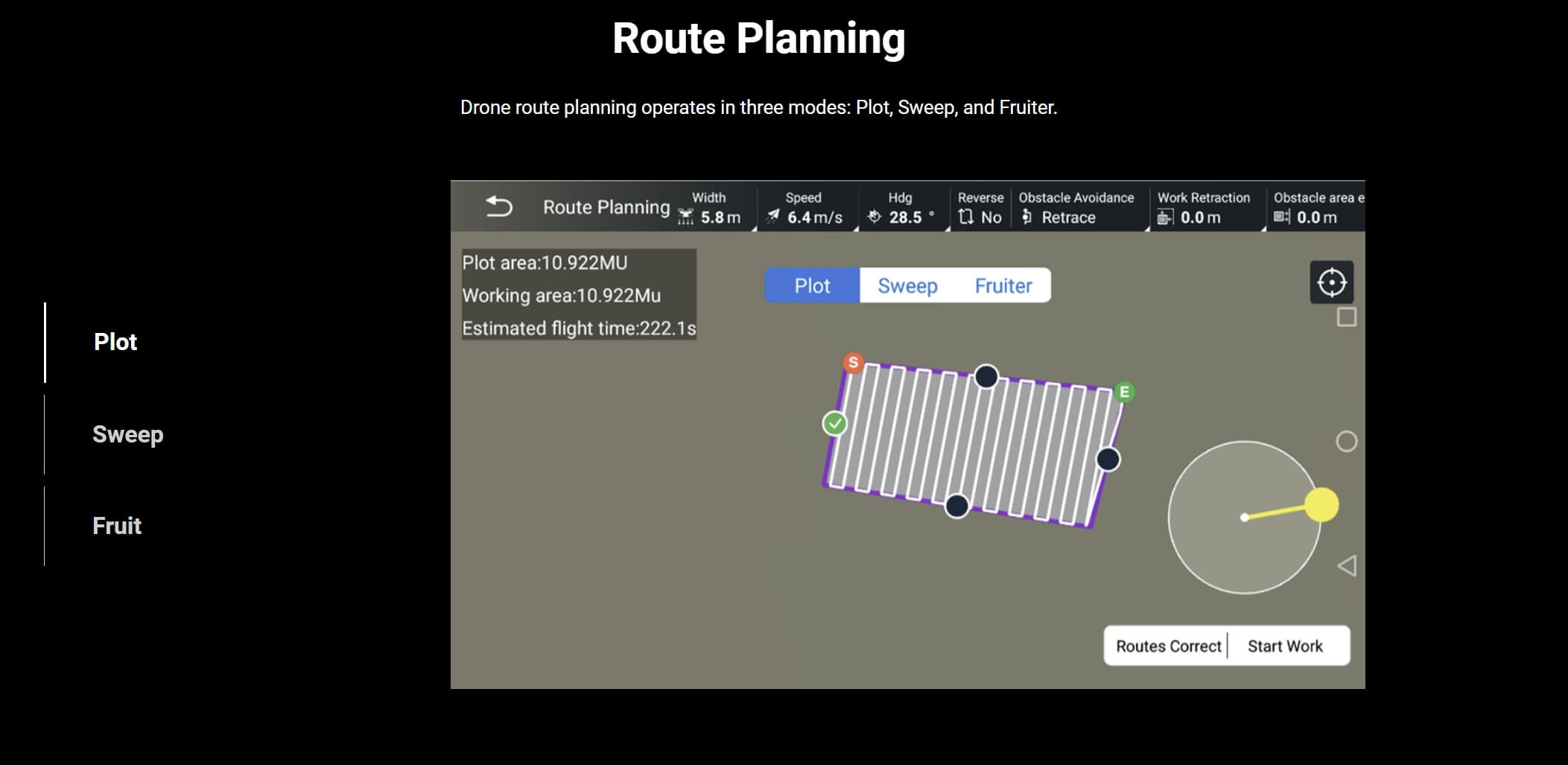 H32X Agriculture Drone, Drone route planning operates in three modes: Plot; Sweep, and Fruit