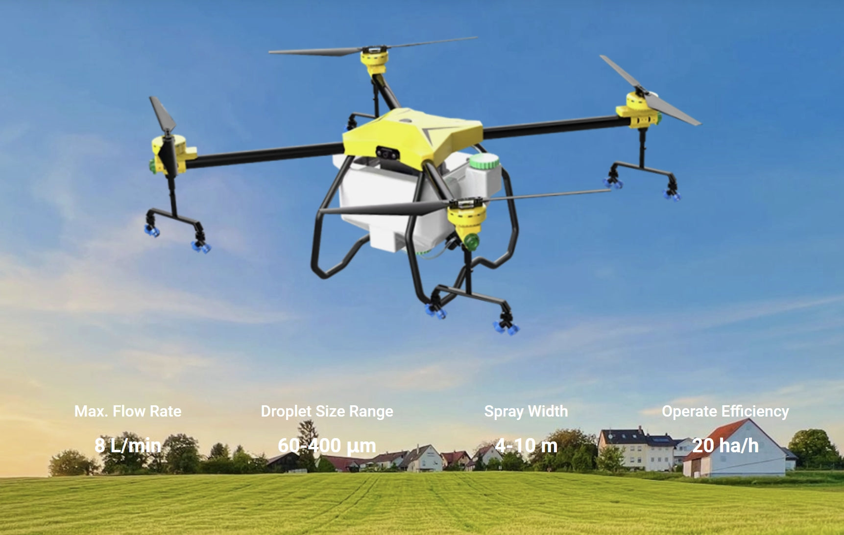 H60-4 Agricultural Drone, Max Flow Rate Droplet Size Range Spray Width Operate Efficiency 8 Ll
