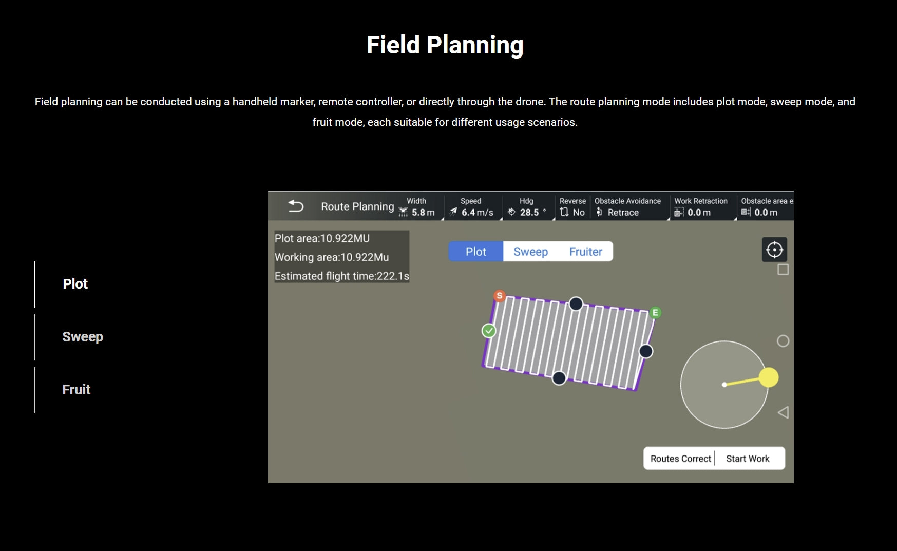 H60-4 Agricultural Drone, route planning mode includes plot mode, sweep mode, and fruit mode . route planning can be