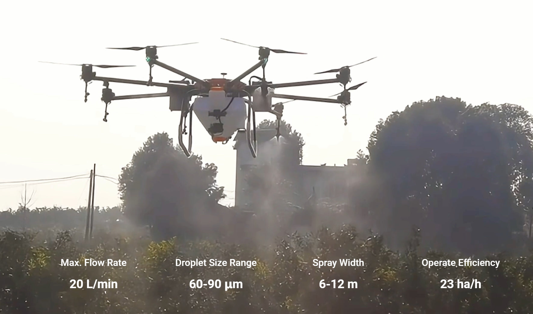 H120 Agriculture Drone, Max. Flow Rate Droplet Size Range Spray Width Operate Efficiency 20 L