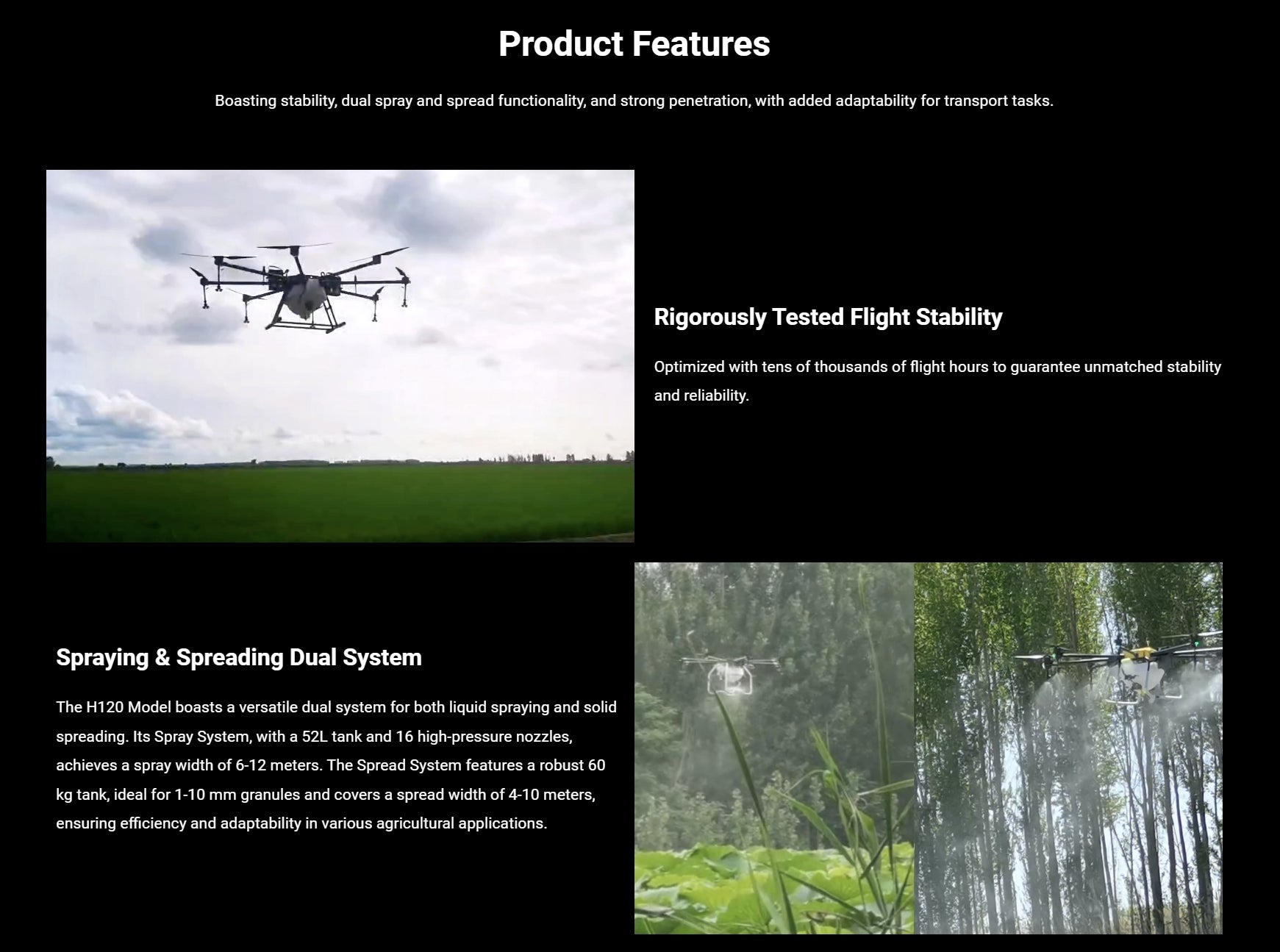 H120 Agriculture Drone - 52L Water Tank Spray System / 60KG Payload Spread System 10 H120 Agriculture Drone, the H120 model boasts a versatile dual system for both liquid spraying and solid spreading