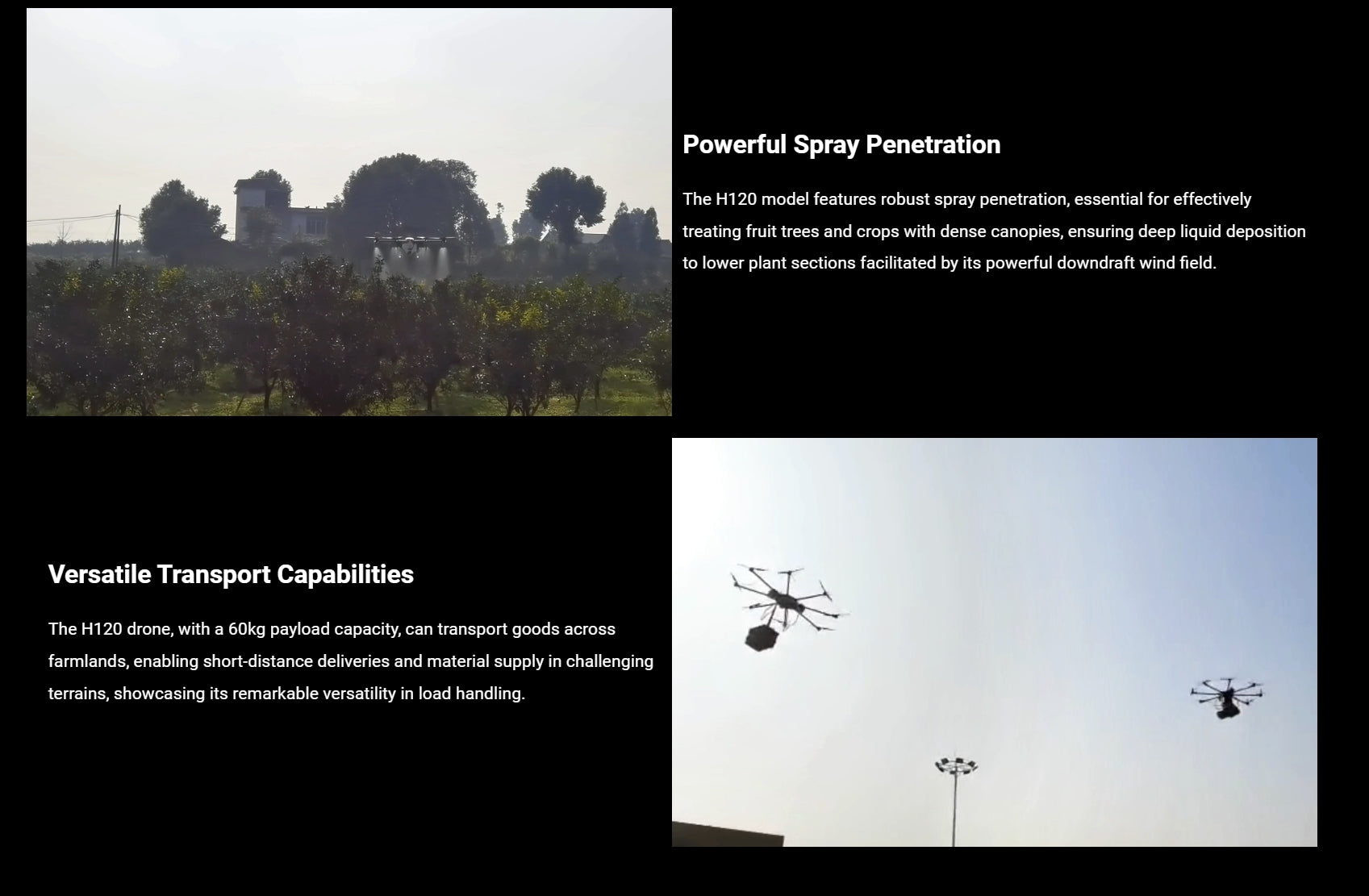 H120 Agriculture Drone - 52L Water Tank Spray System / 60KG Payload Spread System 11 H120 Agriculture Drone, powerful spray penetration essential for treating fruit trees and crops . powerful downdraft wind field