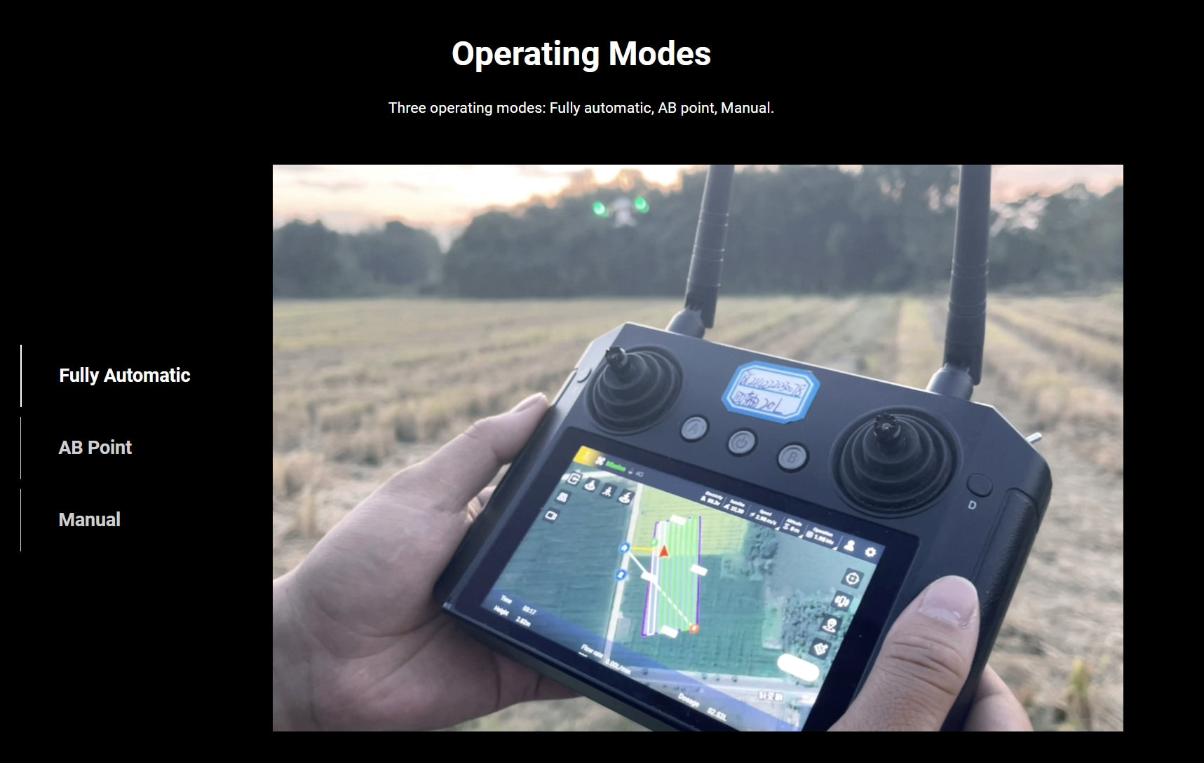 H120 Agriculture Drone - 52L Water Tank Spray System / 60KG Payload Spread System 12 H120 Agriculture Drone, Operating Modes Three operating modes: Fully automatic, AB point, Manual . Fully Automatic