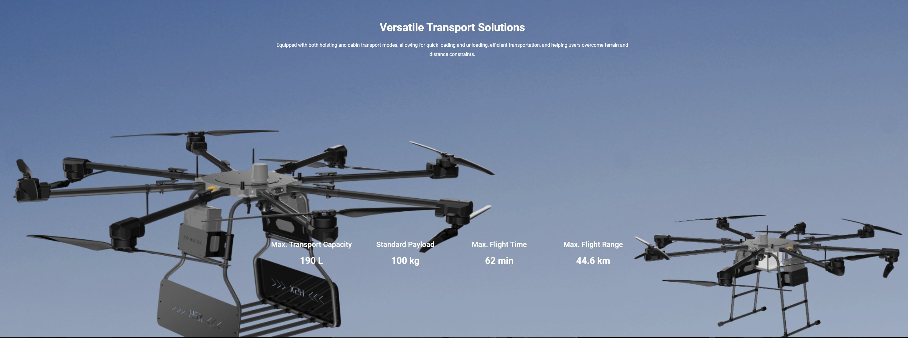 H200 Agricultural / Transport Drone, Transport Solutions Equipped with both hoisting and cabin transport modes, allowing for quick loading