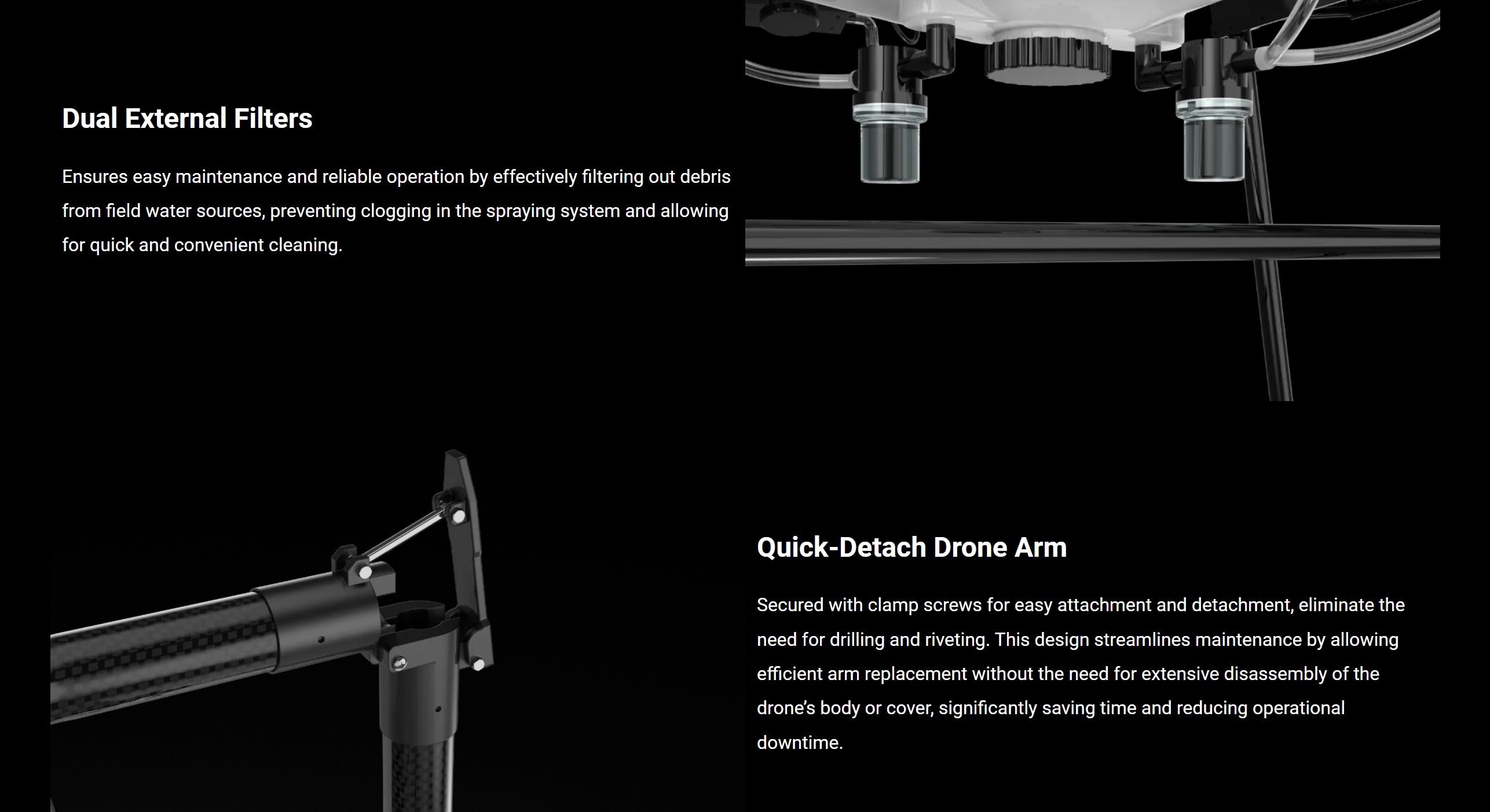 H200 Agricultural / Transport Drone, Dual External Filters Ensures easy maintenance and reliable operation by effectively filtering out debris from