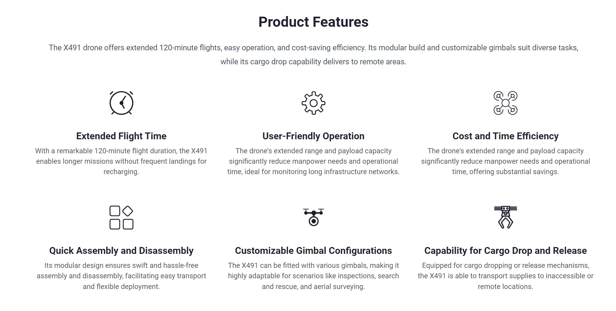 X491 Ultra Long Endurance Drone - 120 Minutes Flight Time 65KM Range 5KG Payload Industrial For Inspection Search Rescue 12 X491 Ultra Long Endurance Drone, the X491 drone offers extended 120-minute flights, easy operation and cost-saving