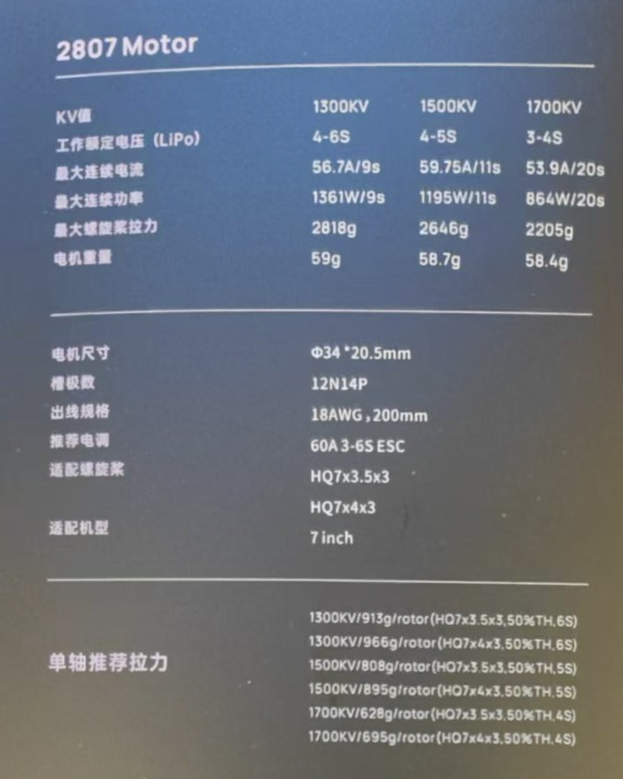 Hobbywing XRotor 2807 Motor, High-performance brushless motor for 7-inch FPV drones, available in 3 KV options.