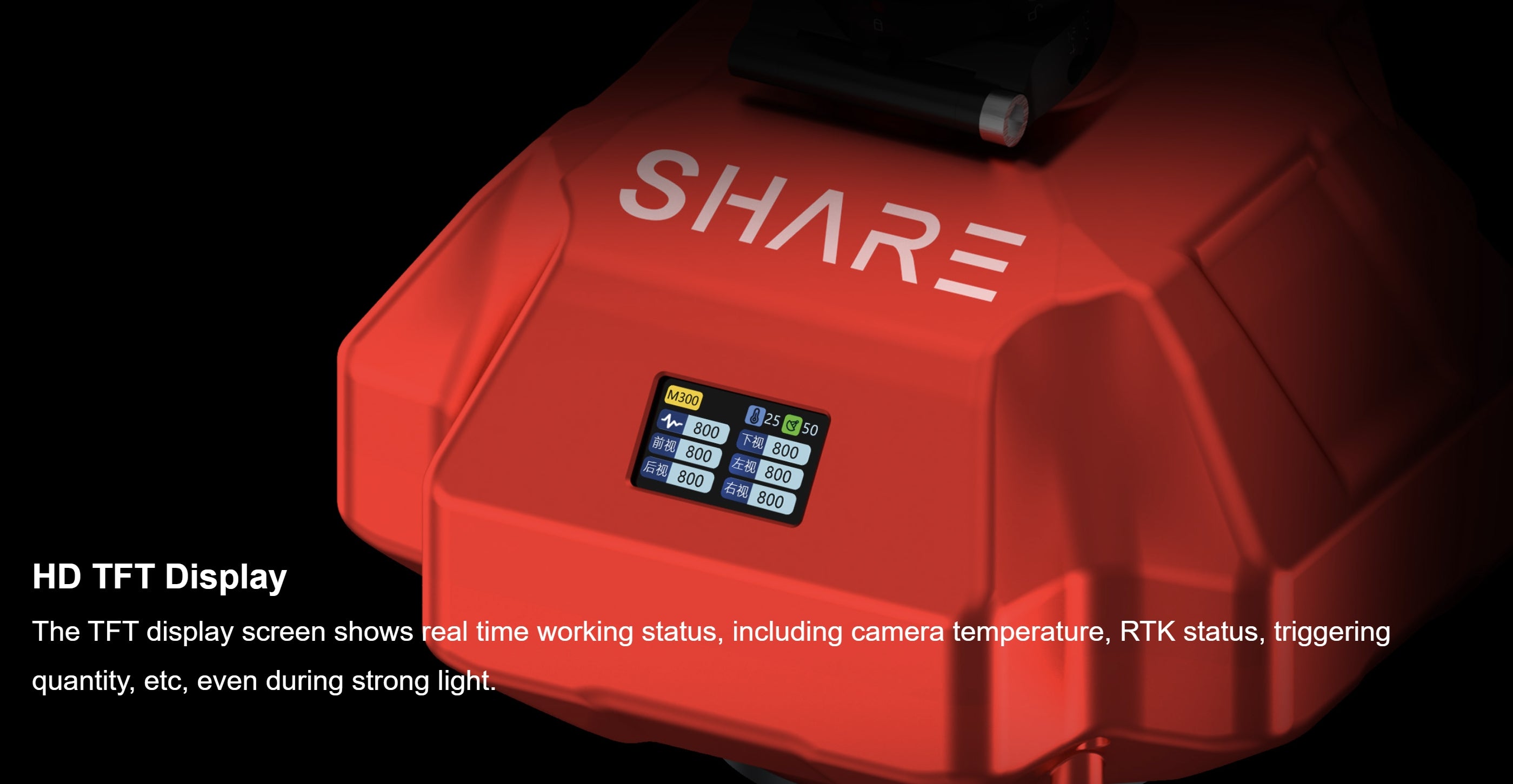 SHARE 102S Pro V2 aerial camera with HD display showing real-time status and reliable info in bright lights.