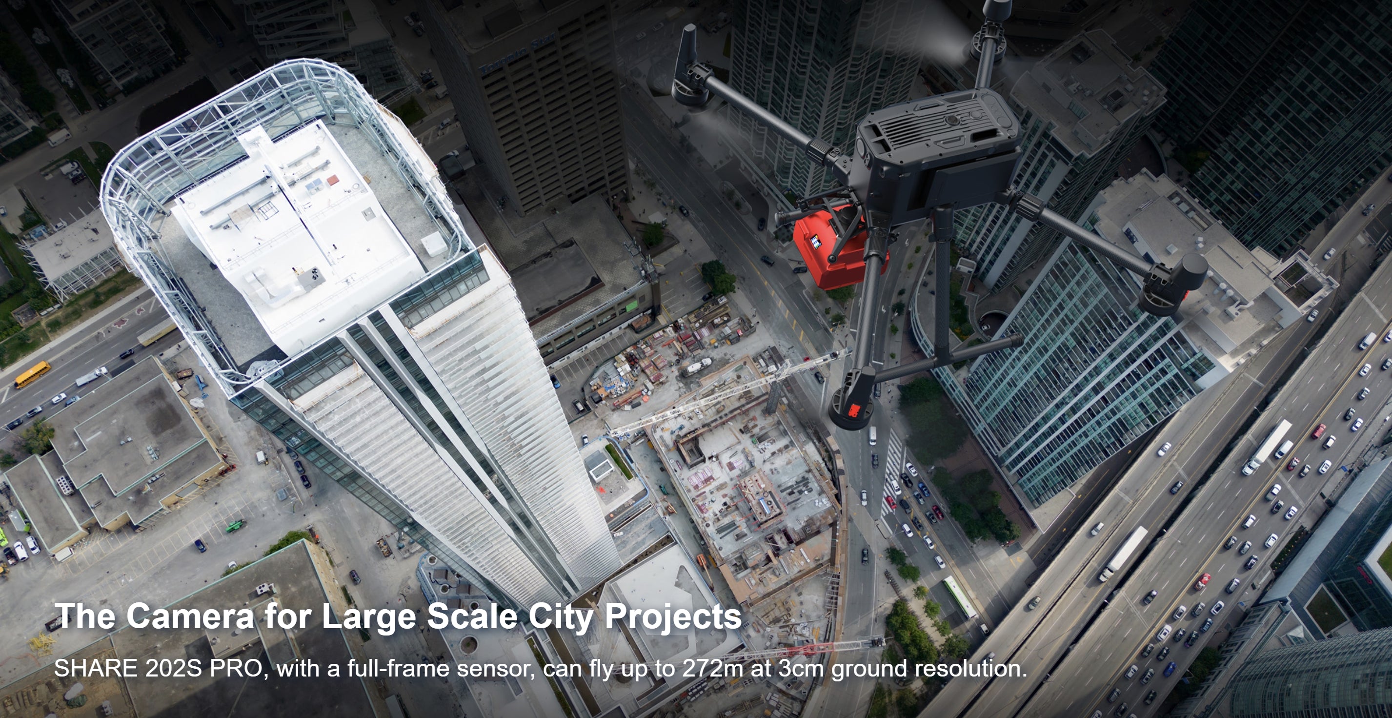 SHARE 202S Pro V2, Captures city projects at distance, with high-resolution camera and 3 cm/pixel ground resolution.