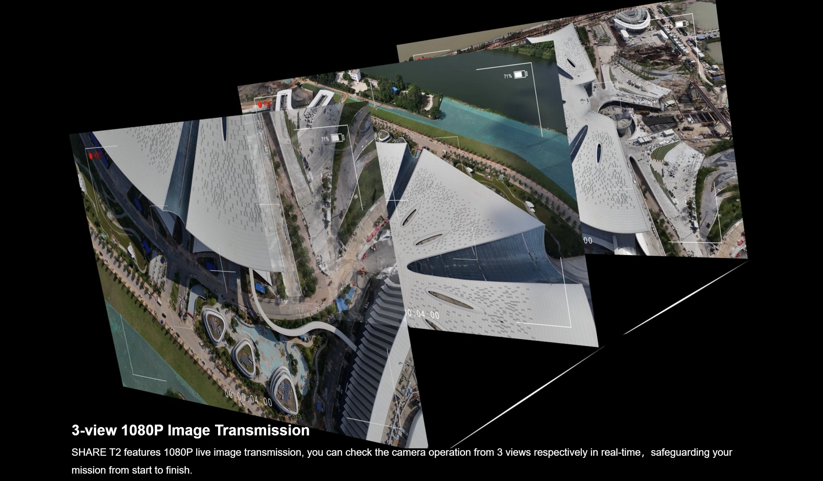 SHARE T2 - 75MP 3-Lens Oblique Aerial Camera for 3D Mapping UAV Drone 4 SHARE T2 - 75MP 3-Lens Oblique Aerial Camera, Real-time camera monitoring from three angles with high-definition video transmission.