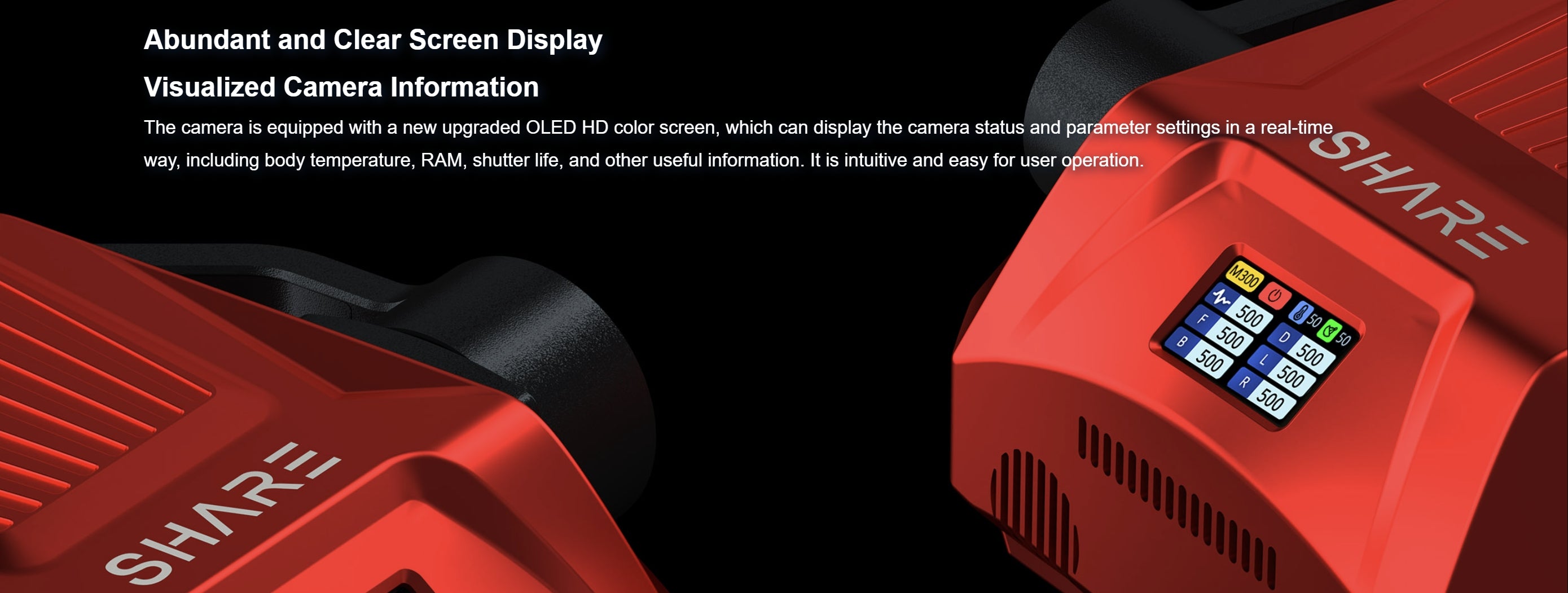 SHARE PSDK 102S V3, Real-time camera status and settings on OLED HD color screen.