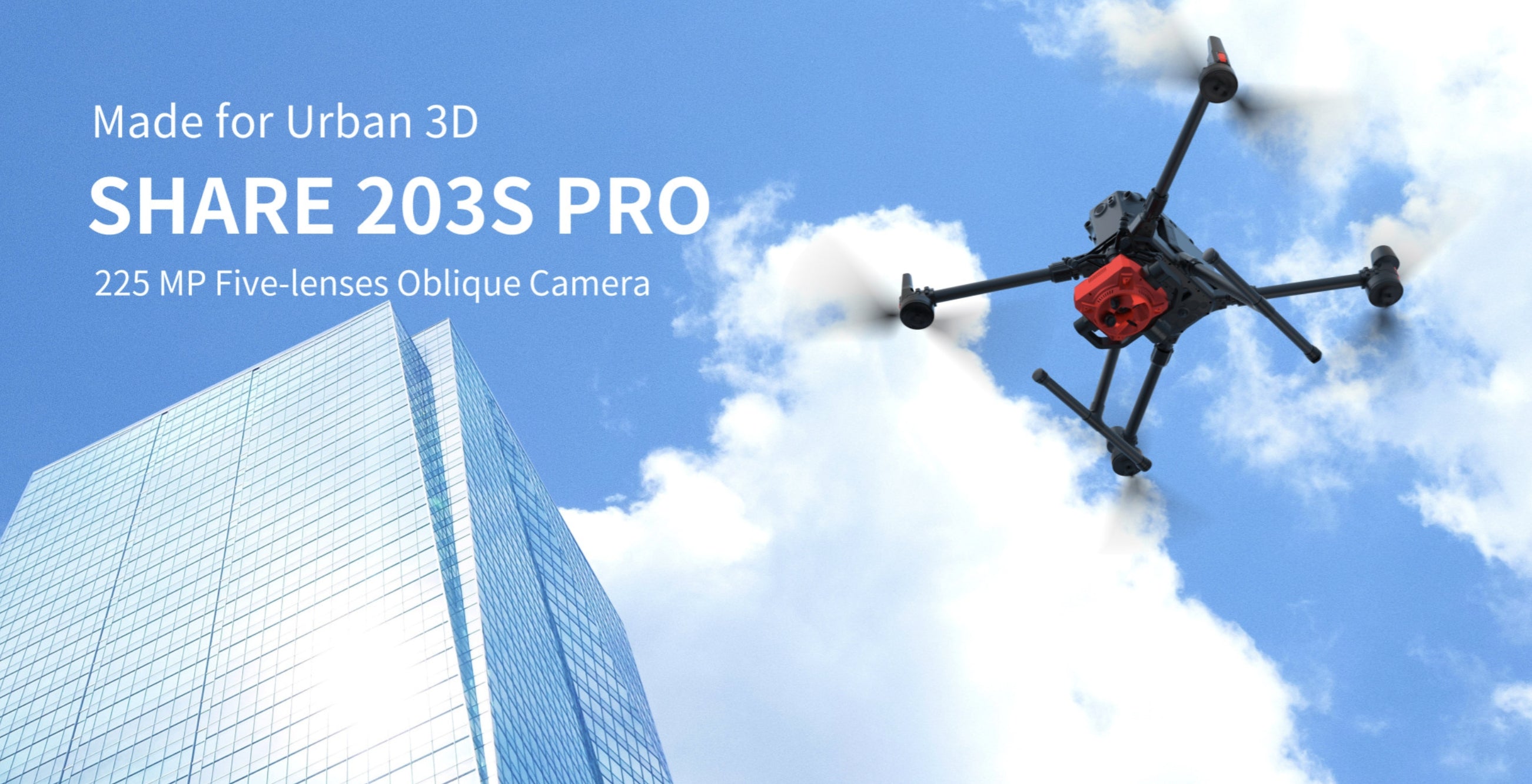 SHARE 203S PRO, High-tech camera for urban 3D mapping, featuring 225MP sensor and multiple oblique lenses.
