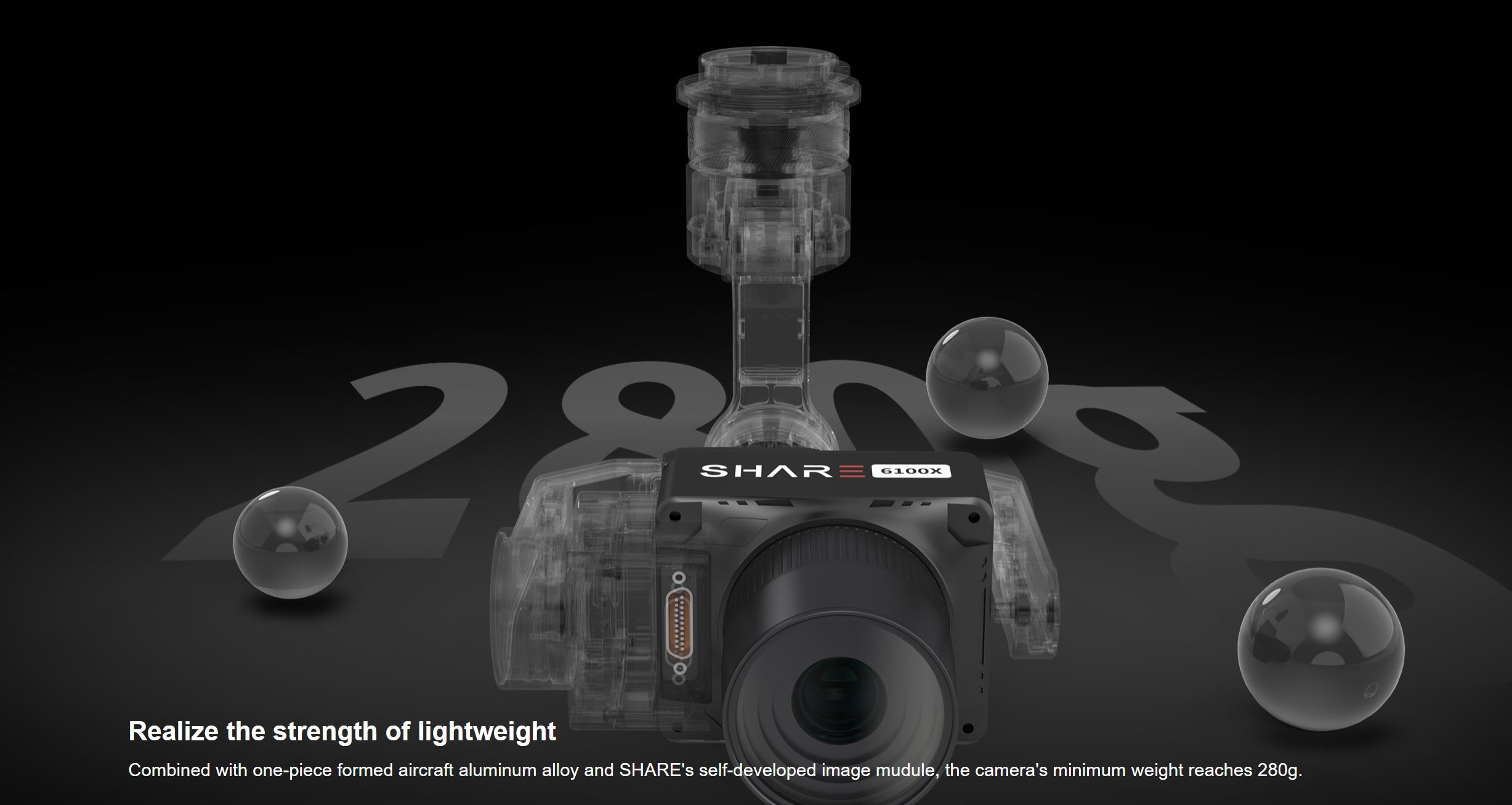 SHARE 6100X: Lightweight camera with single-piece aluminum alloy structure and proprietary module for aerial photography and modeling.