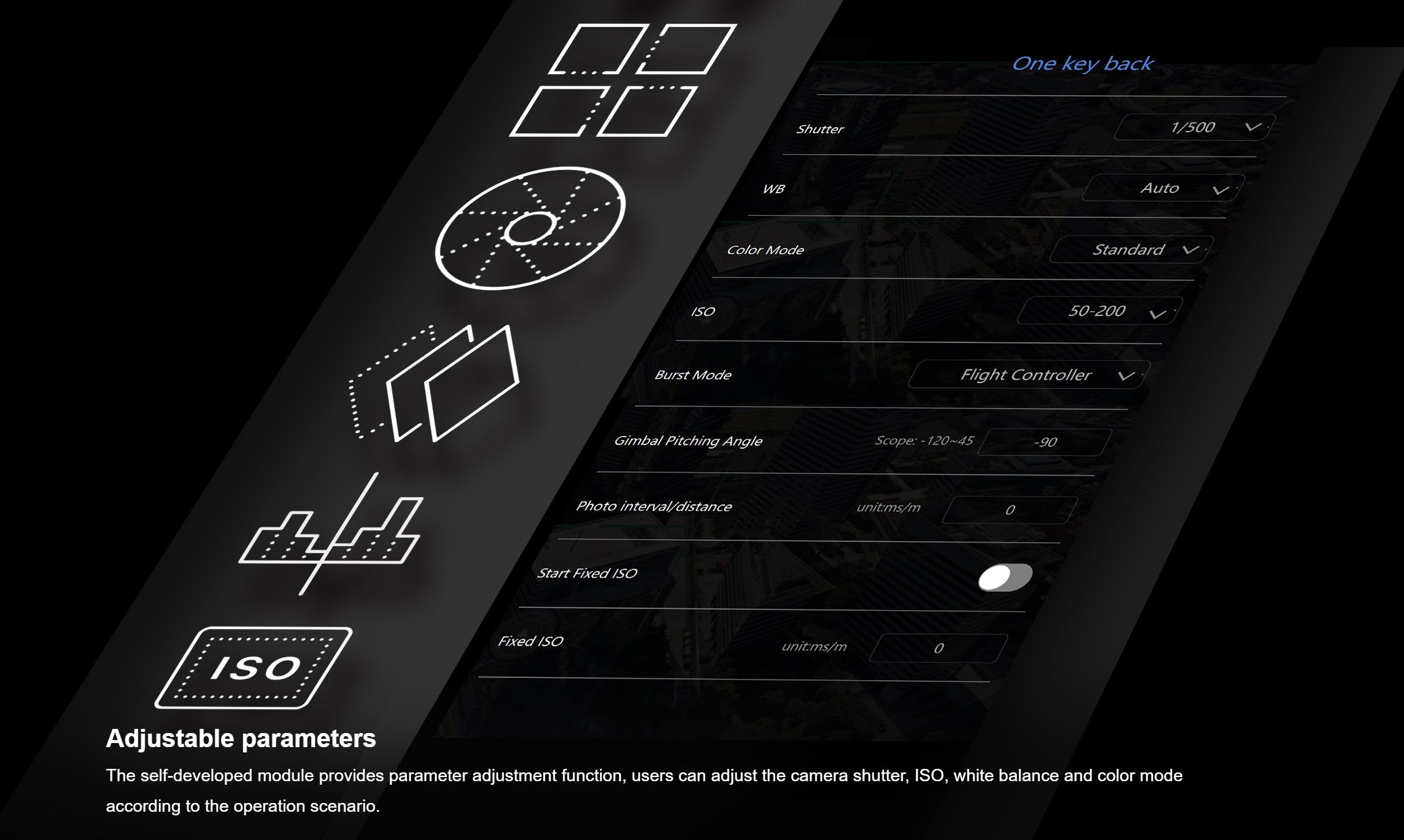 SHARE 6100X - 61MP Full-Frame Single-Lens Aerial Camera GCP-Free Modeling UAV Drone 7 SHARE 6100X aerial camera features: shutter speed, white balance, color mode, ISO adjustments, burst mode and gimbal angles.