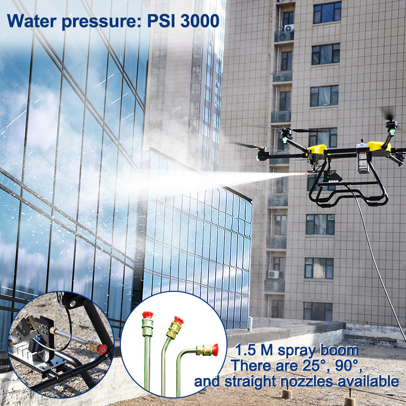 RCDrone, The water pressure is 3000 PSI with a 1.5-meter spray boom, featuring various nozzles including 259, 905, and standard options.