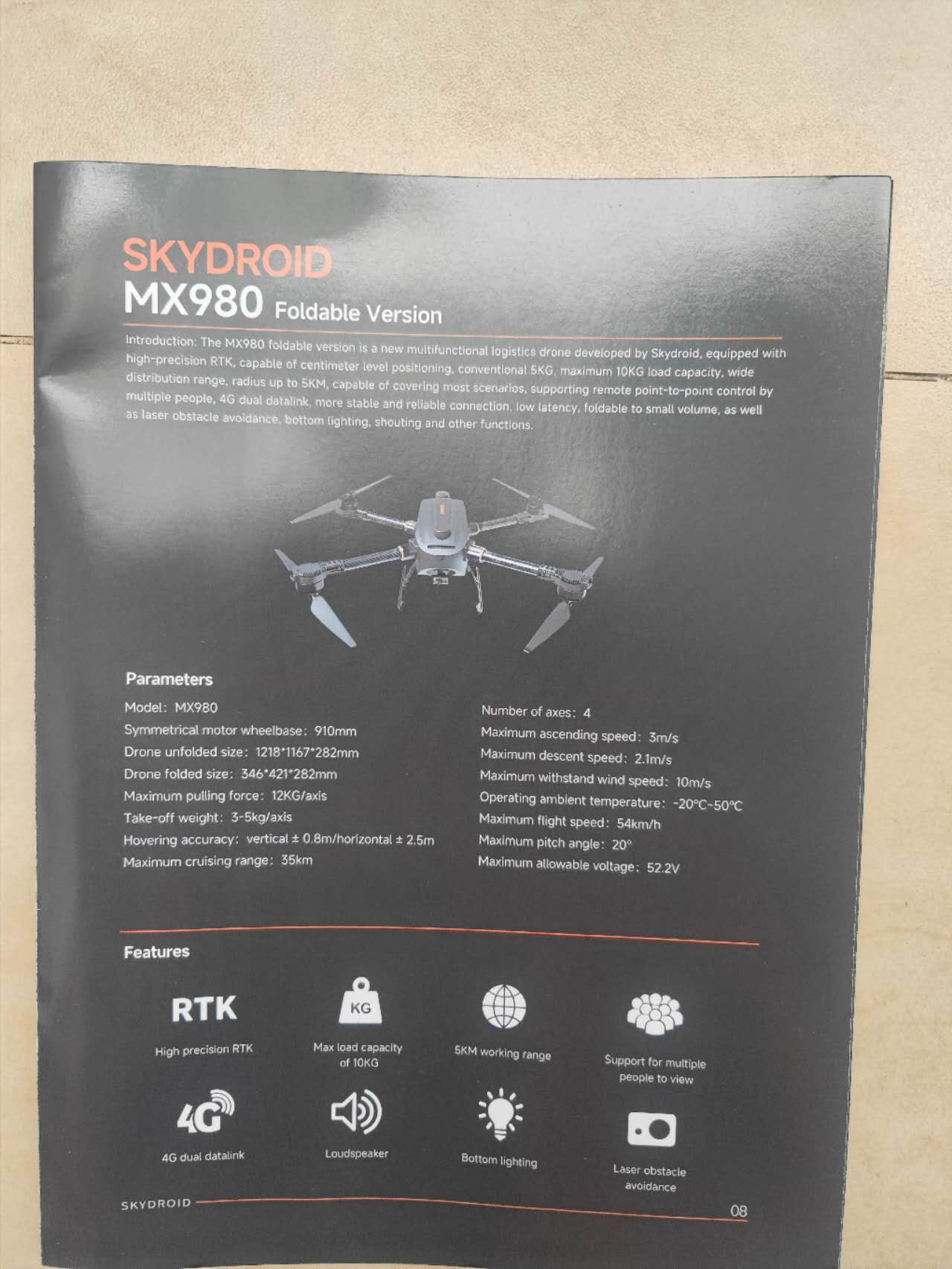 طائرة بدون طيار Skydroid MX980 - وزن إقلاع 5 كجم / 10 كجم، نطاق إبحار 35 كم / 5 كم، 4G وصلة بيانات مزدوجة RTK لتحديد المواقع بدون طيار صناعية مع مكبر صوت