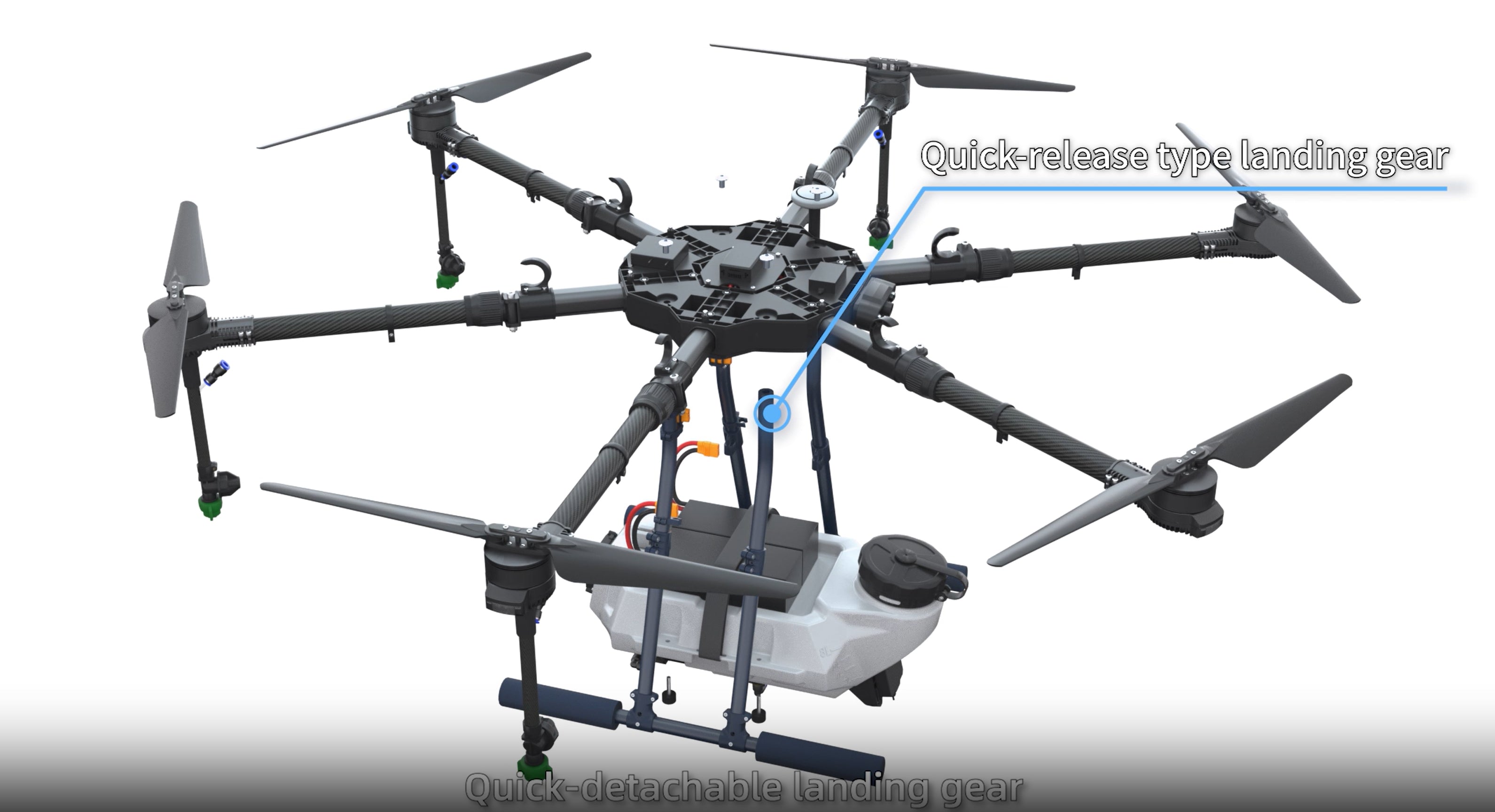 EFT E610M 10L Agriculture Drone, Featuring a quick-release type landing gear with quick detachment capabilities.
