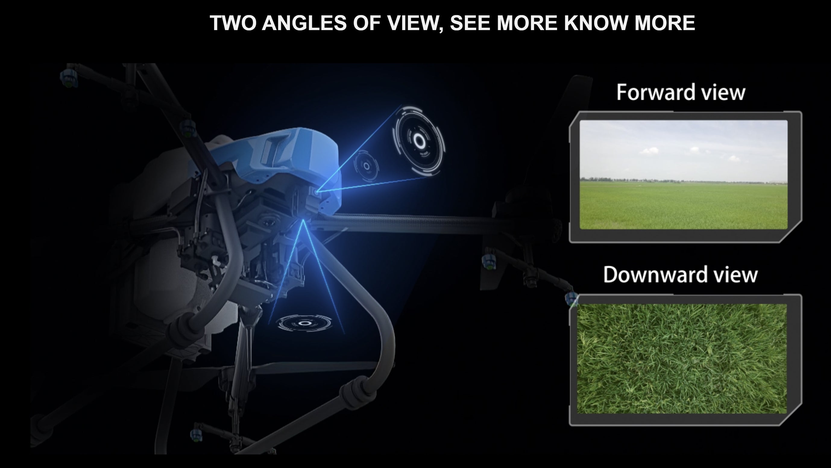 AGR A22P Agriculture Drone, Capture multiple perspectives with the AGR A22P drone, featuring forward and downward views.