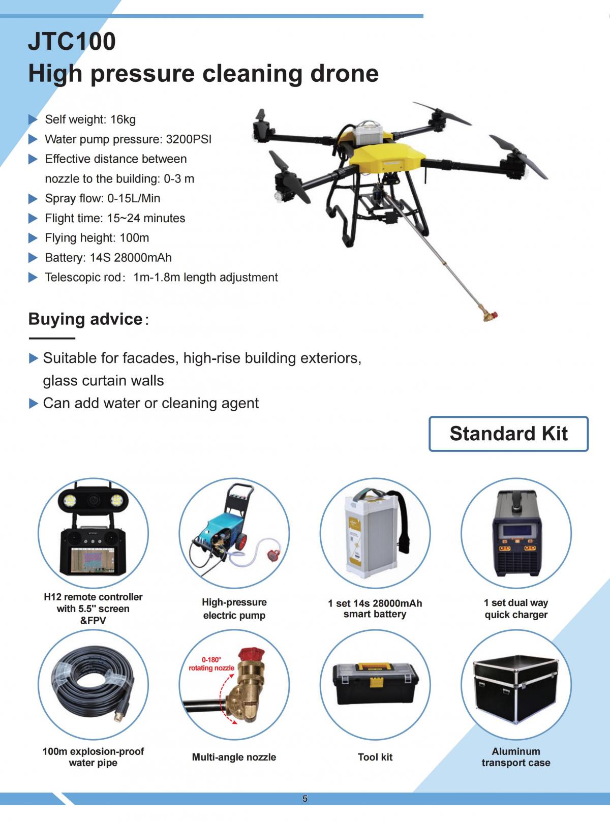 RCDrone, High-pressure cleaning drone for facades and high-rise building exteriors with adjustable length rod and multiple nozzles.