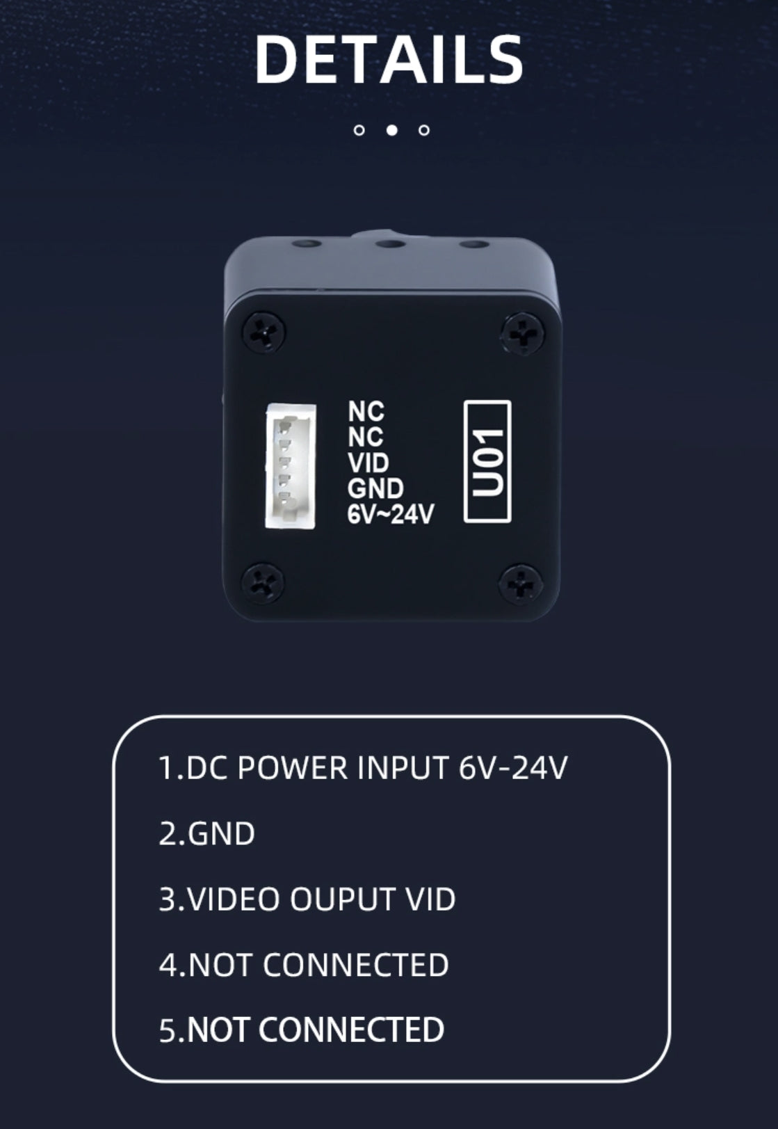 Axisflying 256x192 Thermal Imaging Camera, Small thermal imaging camera for FPV drones with NC video input, GND and DC power inputs, and a video output.