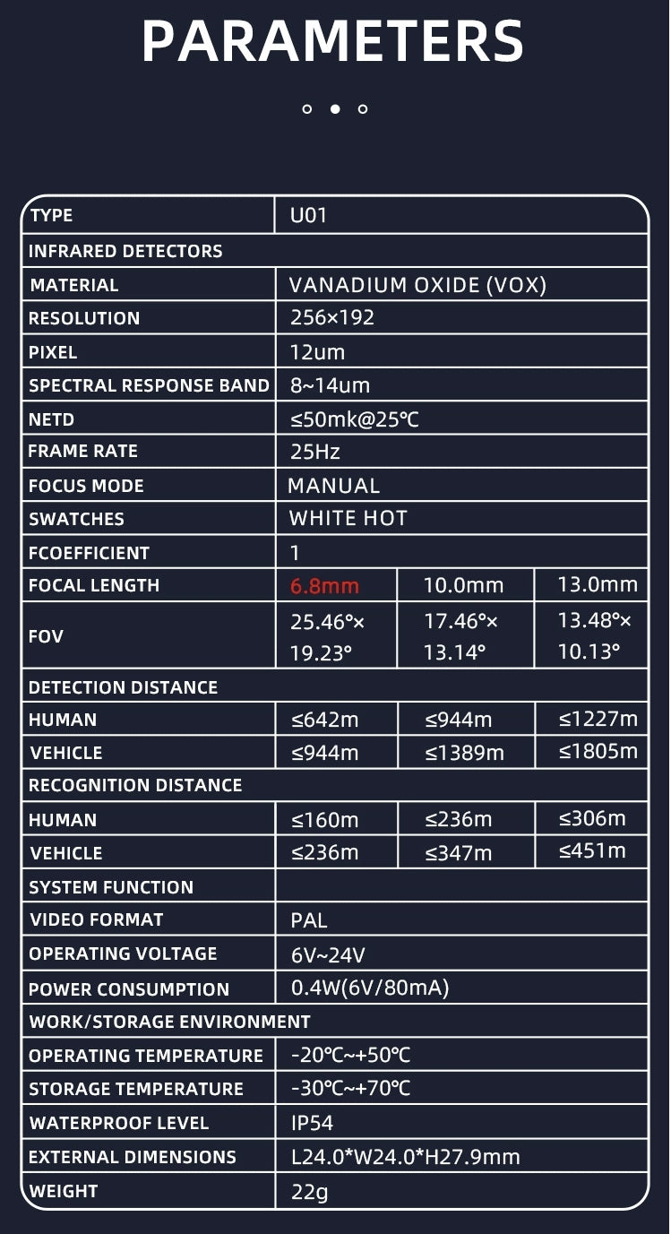 The Axisflying 256x192 Thermal Imaging Camera features small dimensions, high sensitivity, manual focus mode, and supports PAL video format.