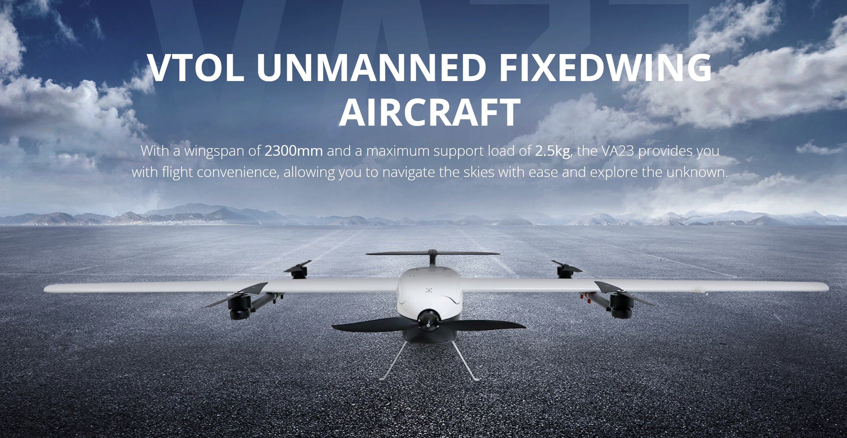 T-Motor T-Drone VA23 VTOL Drone, The VTOL aircraft has a 2300mm wingspan, supports up to 2.5kg in max payload, and offers effortless flying.