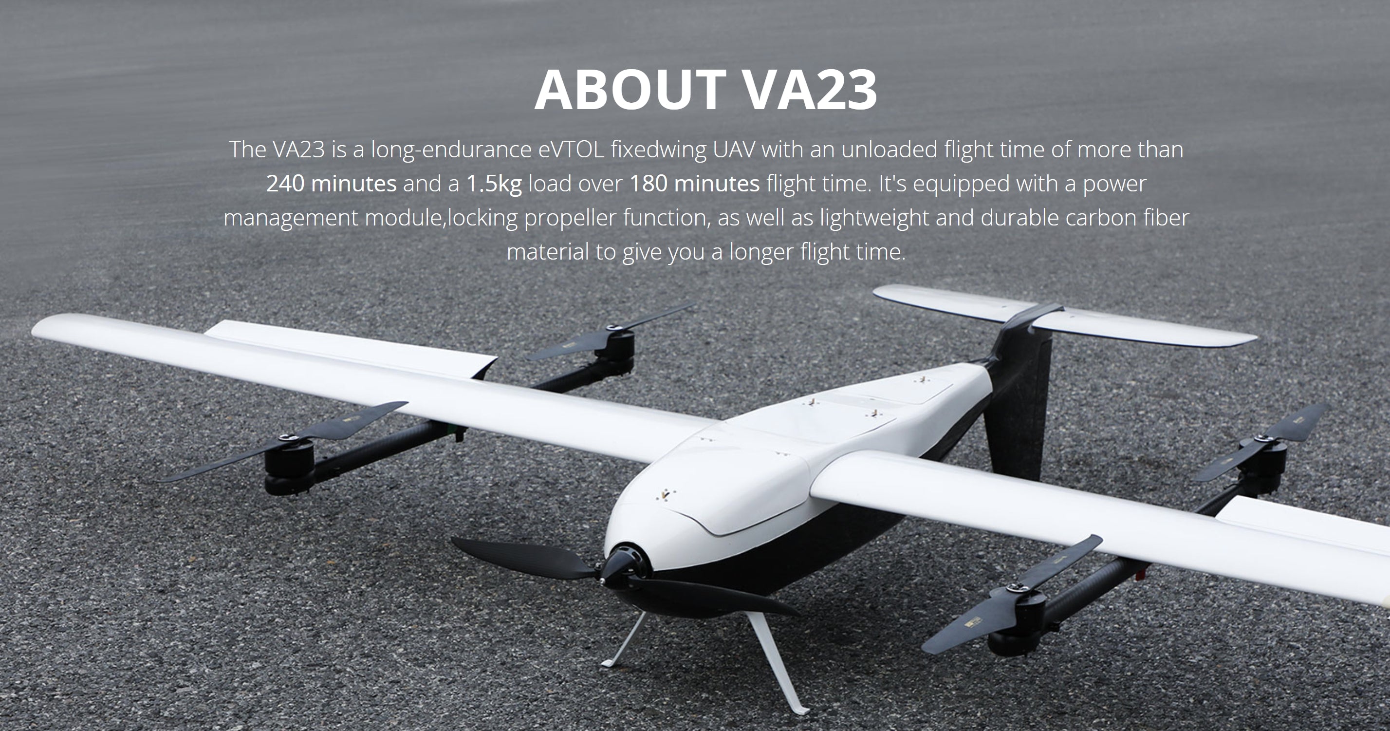 T-Motor T-Drone VA23 VTOL Drone, The VA23 is a long-endurance eVTOL UAV with over 240 minutes of flight time and a 1.5kg payload capacity.